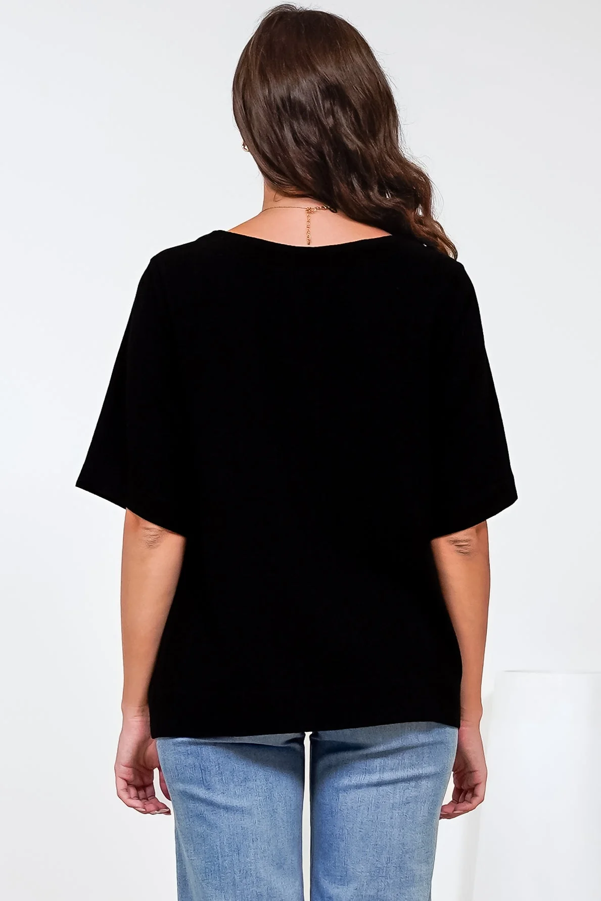 Tustin Top - Round Neck Boxy High Low Top with Short Sleeves in Black - Image 9