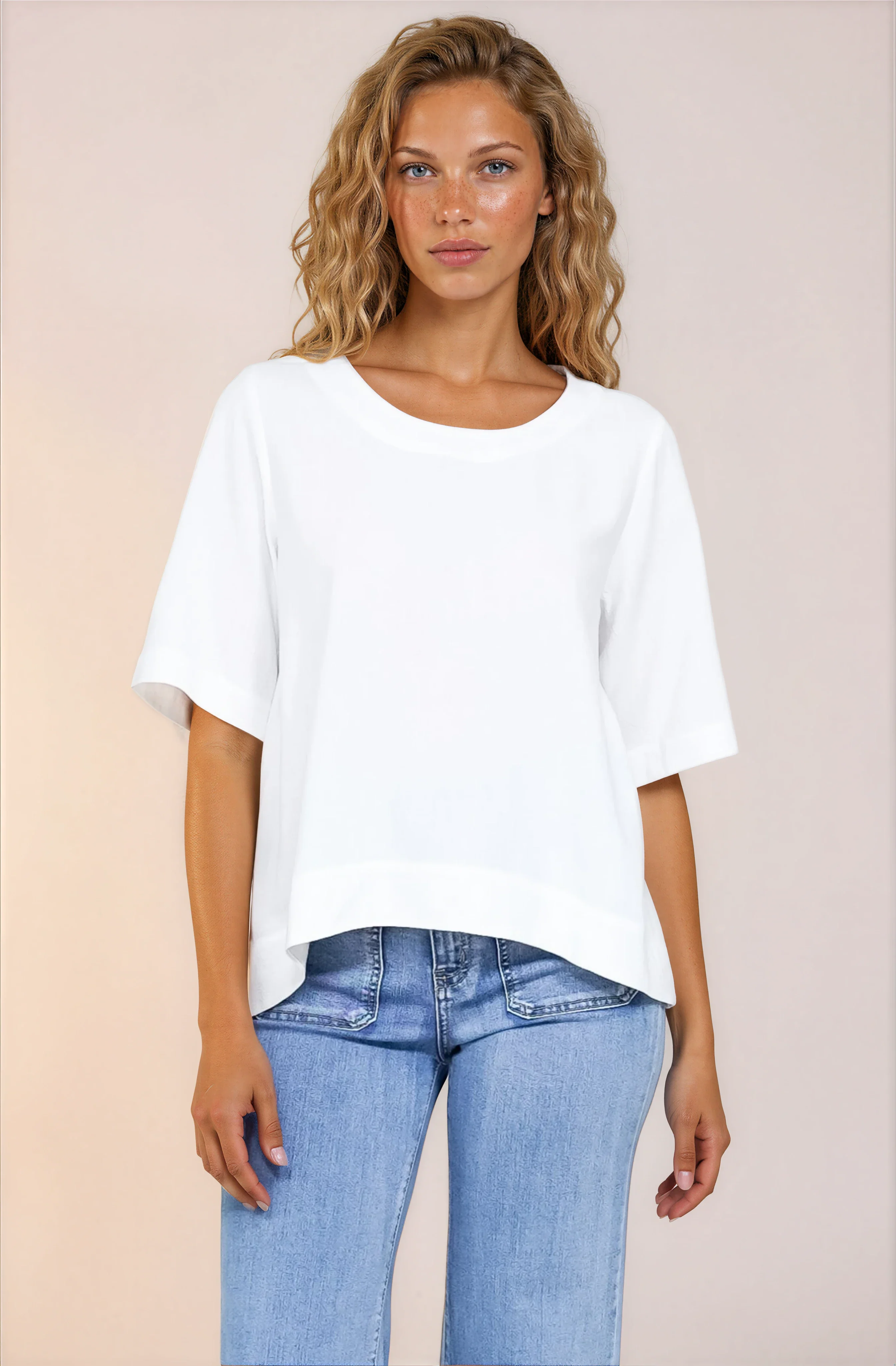 Tustin Top - Round Neck Boxy High Low Top with Short Sleeves in White