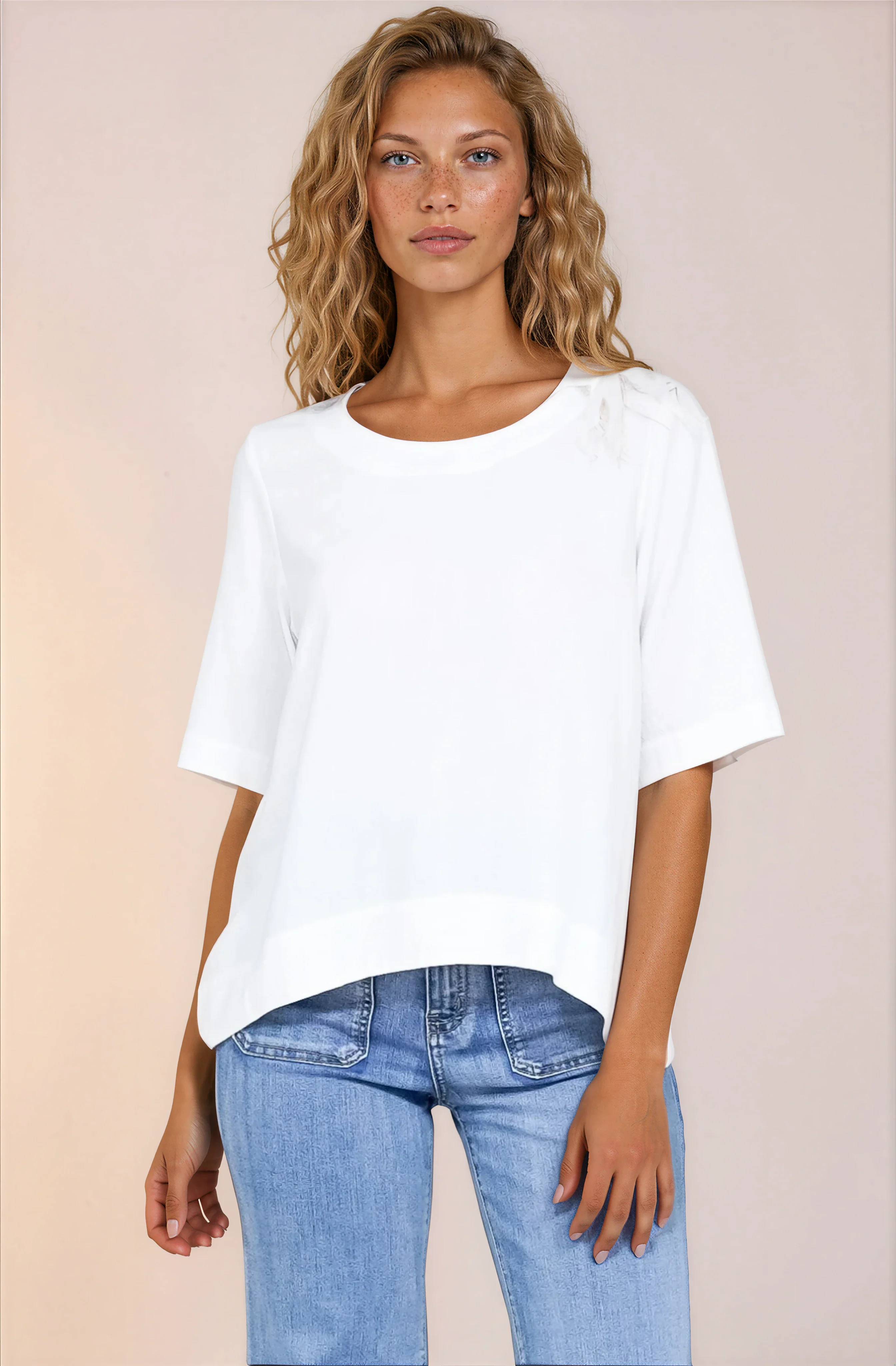 Tustin Top - Round Neck Boxy High Low Top with Short Sleeves in White - Image 2