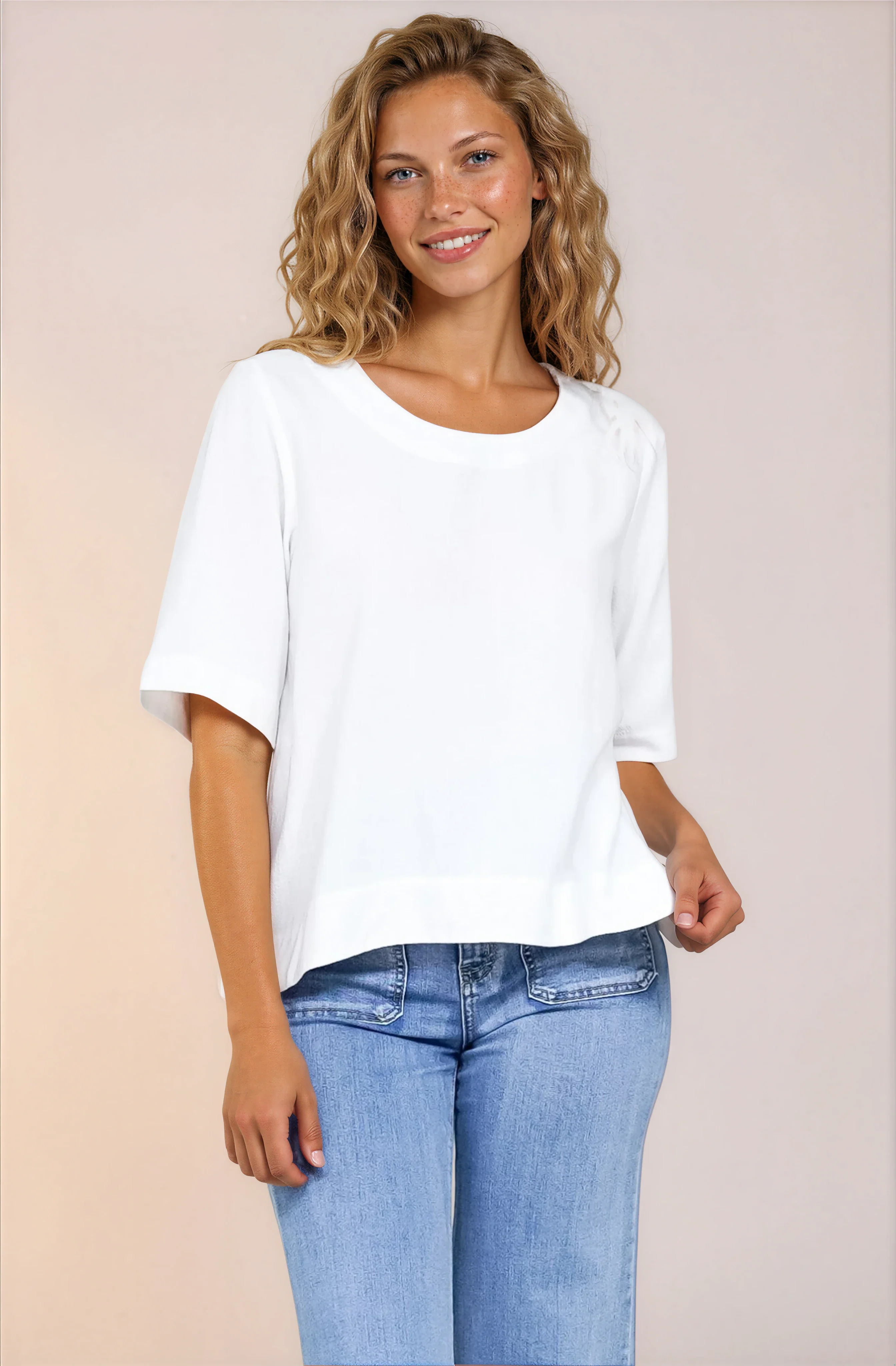 Tustin Top - Round Neck Boxy High Low Top with Short Sleeves in White - Image 3