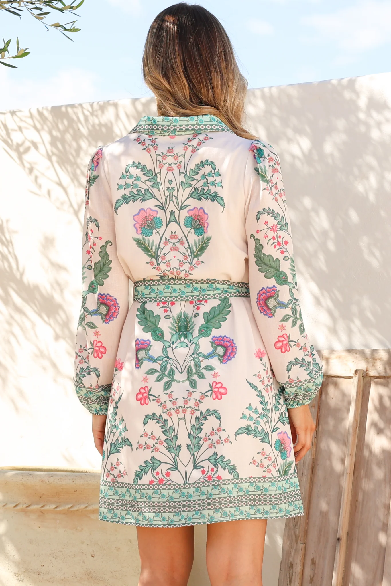 Twylar Mini Dress - Wing Collar Long Sleeve Shirt Dress with Matching Belt in Rowan Print - Image 8