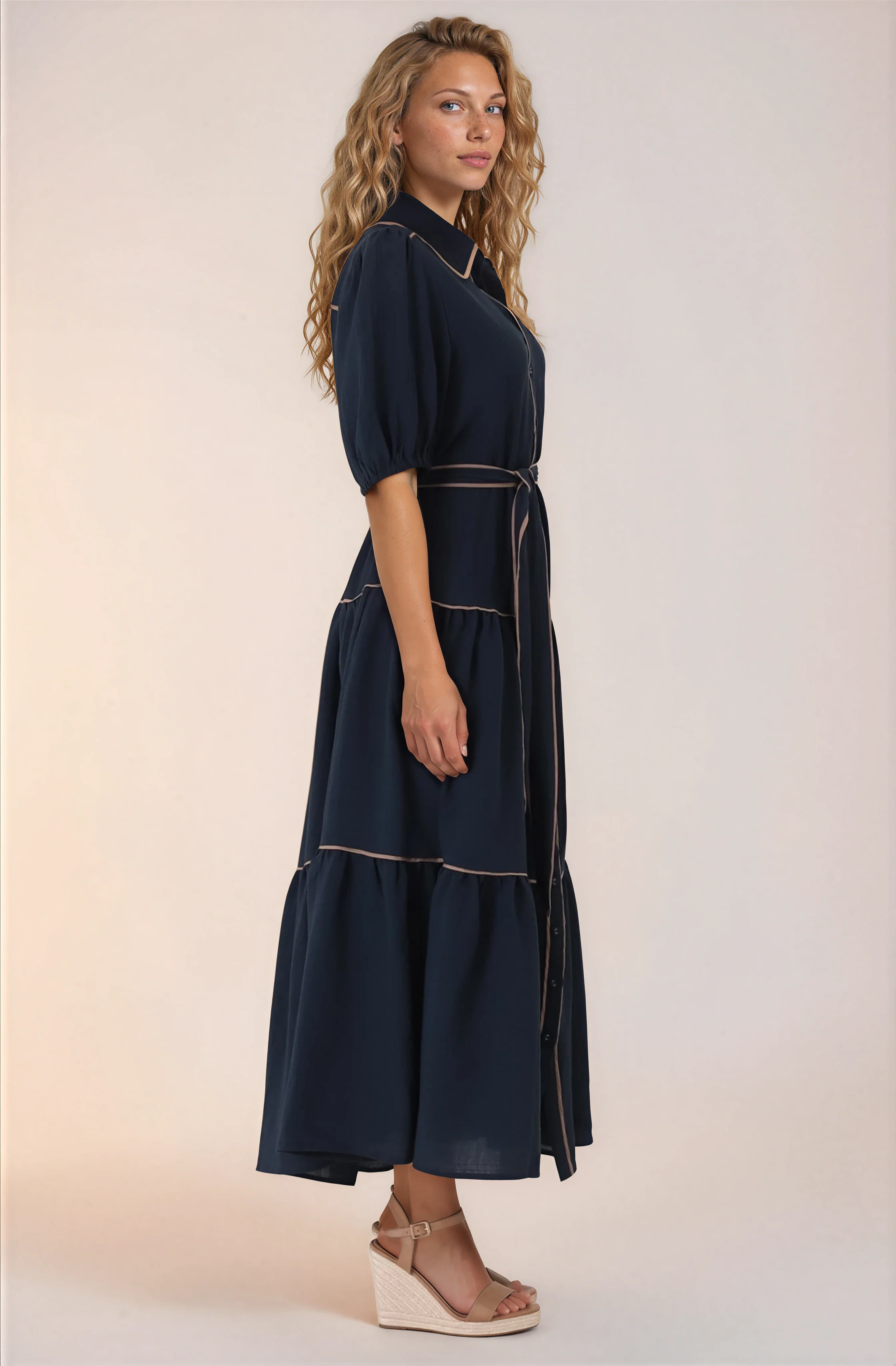 Valencia Maxi Dress - Collared Tiered Button Down Dress with Contrast Trim in Navy - Image 10