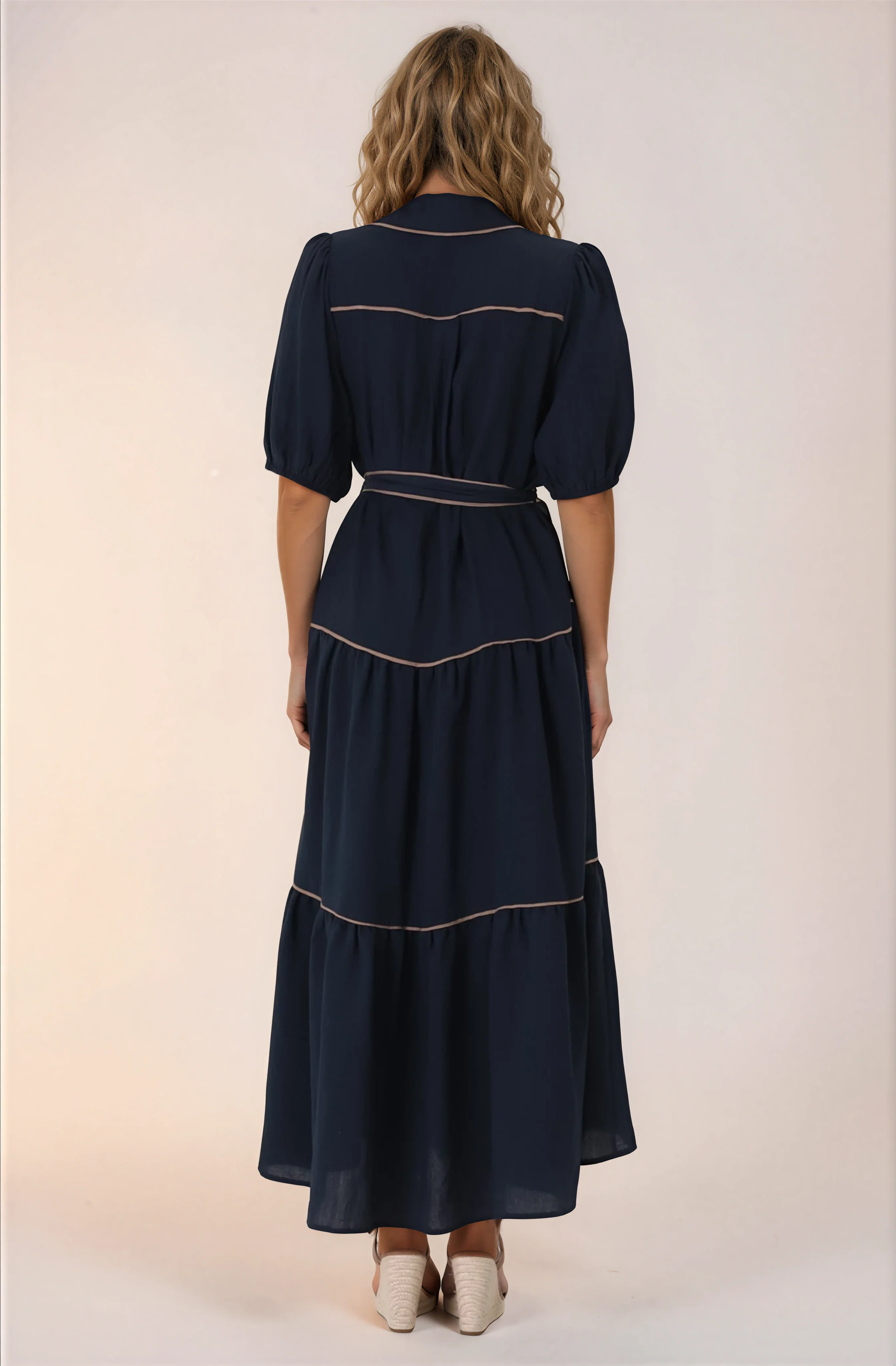 Valencia Maxi Dress - Collared Tiered Button Down Dress with Contrast Trim in Navy - Image 11