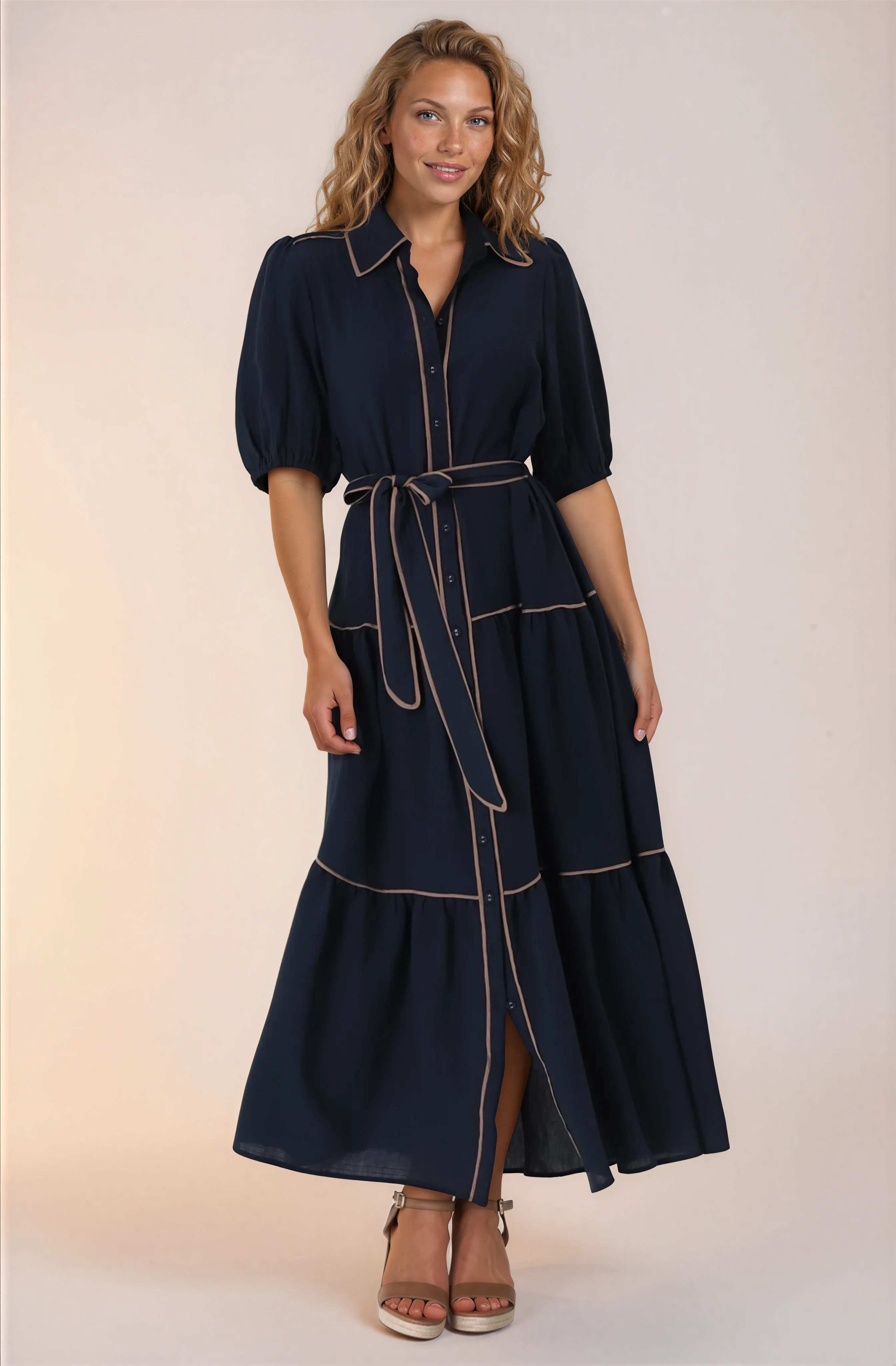 Valencia Maxi Dress - Collared Tiered Button Down Dress with Contrast Trim in Navy - Image 2