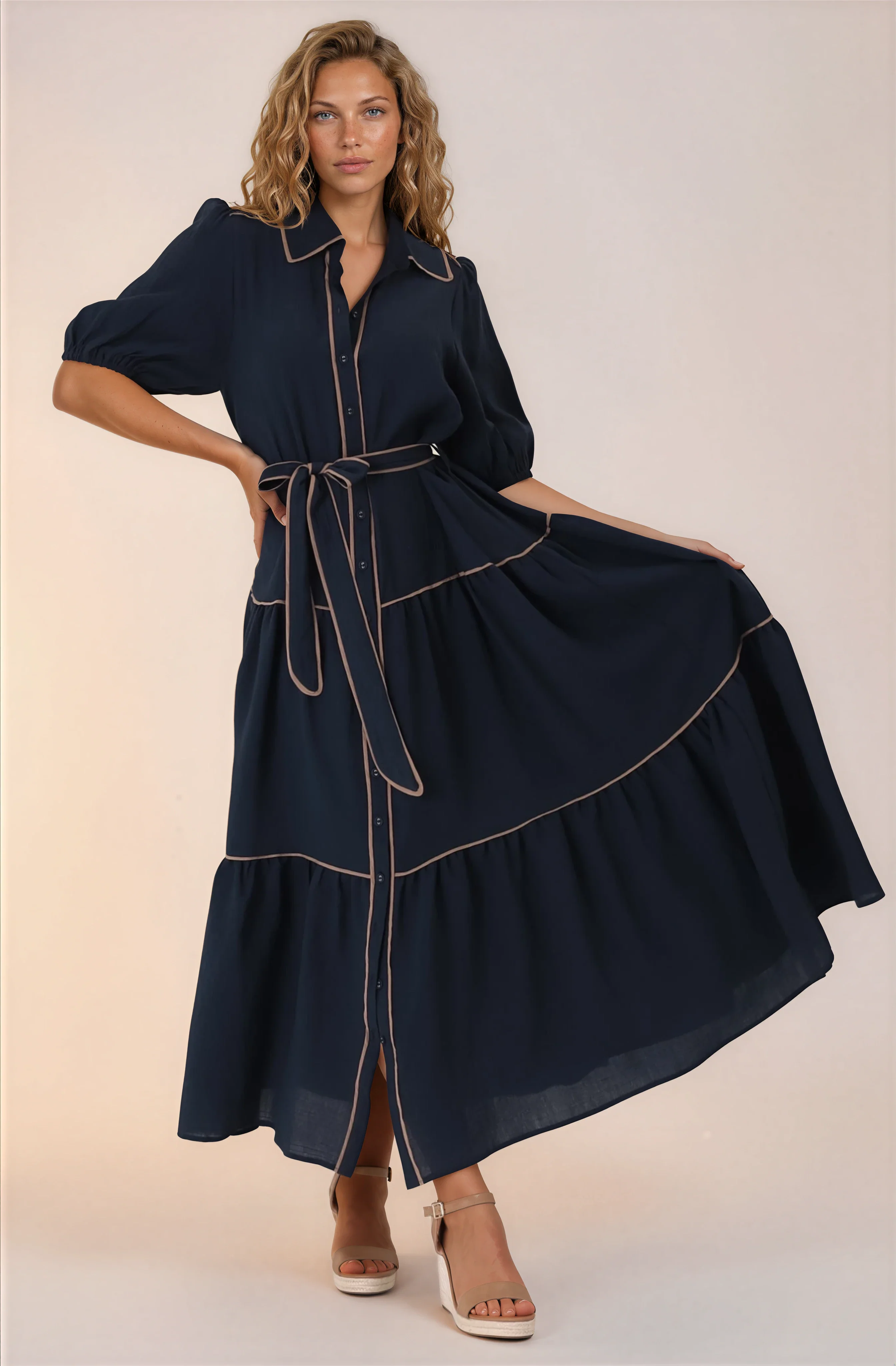 Valencia Maxi Dress - Collared Tiered Button Down Dress with Contrast Trim in Navy - Image 3
