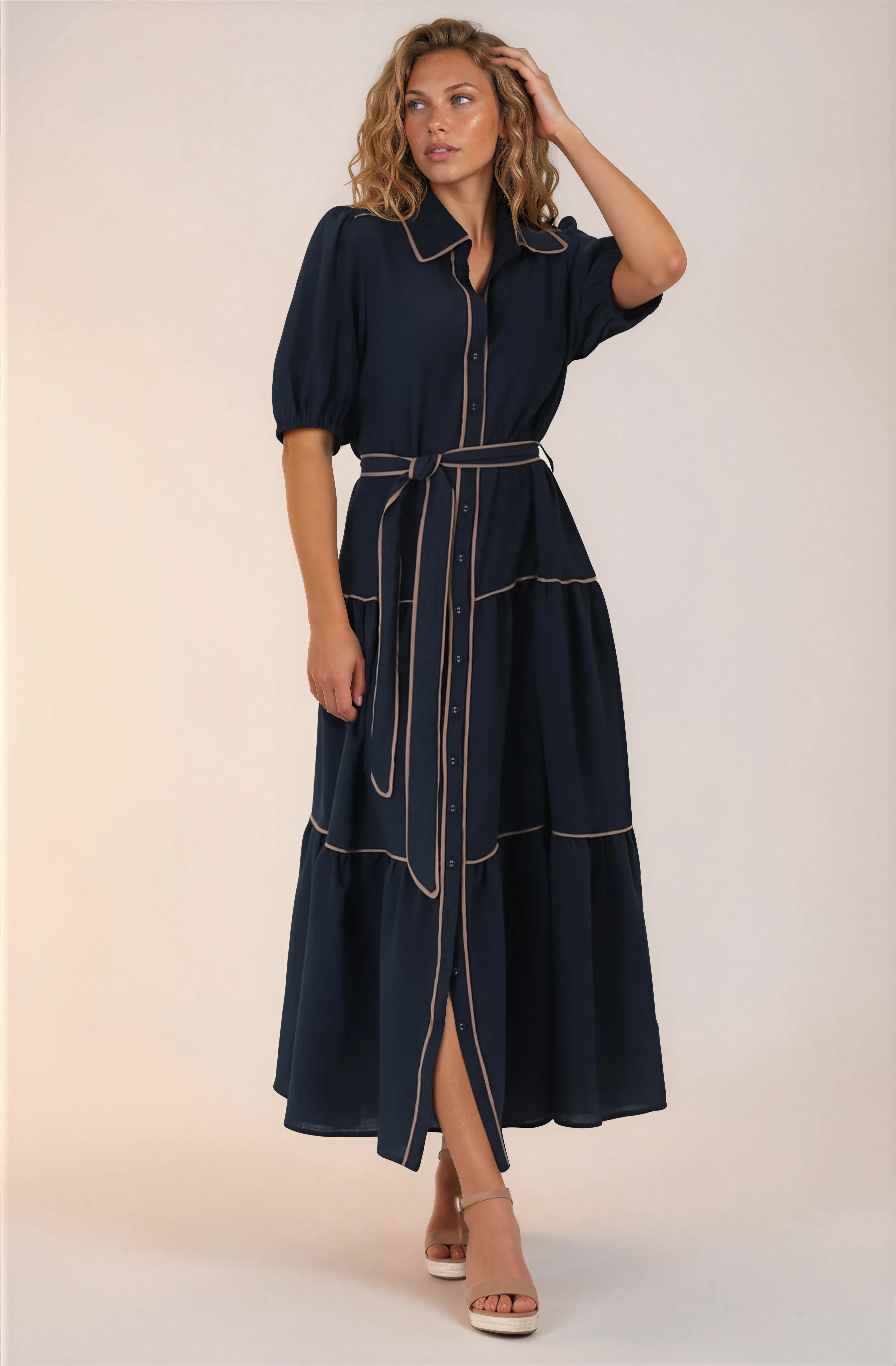 Valencia Maxi Dress - Collared Tiered Button Down Dress with Contrast Trim in Navy - Image 4