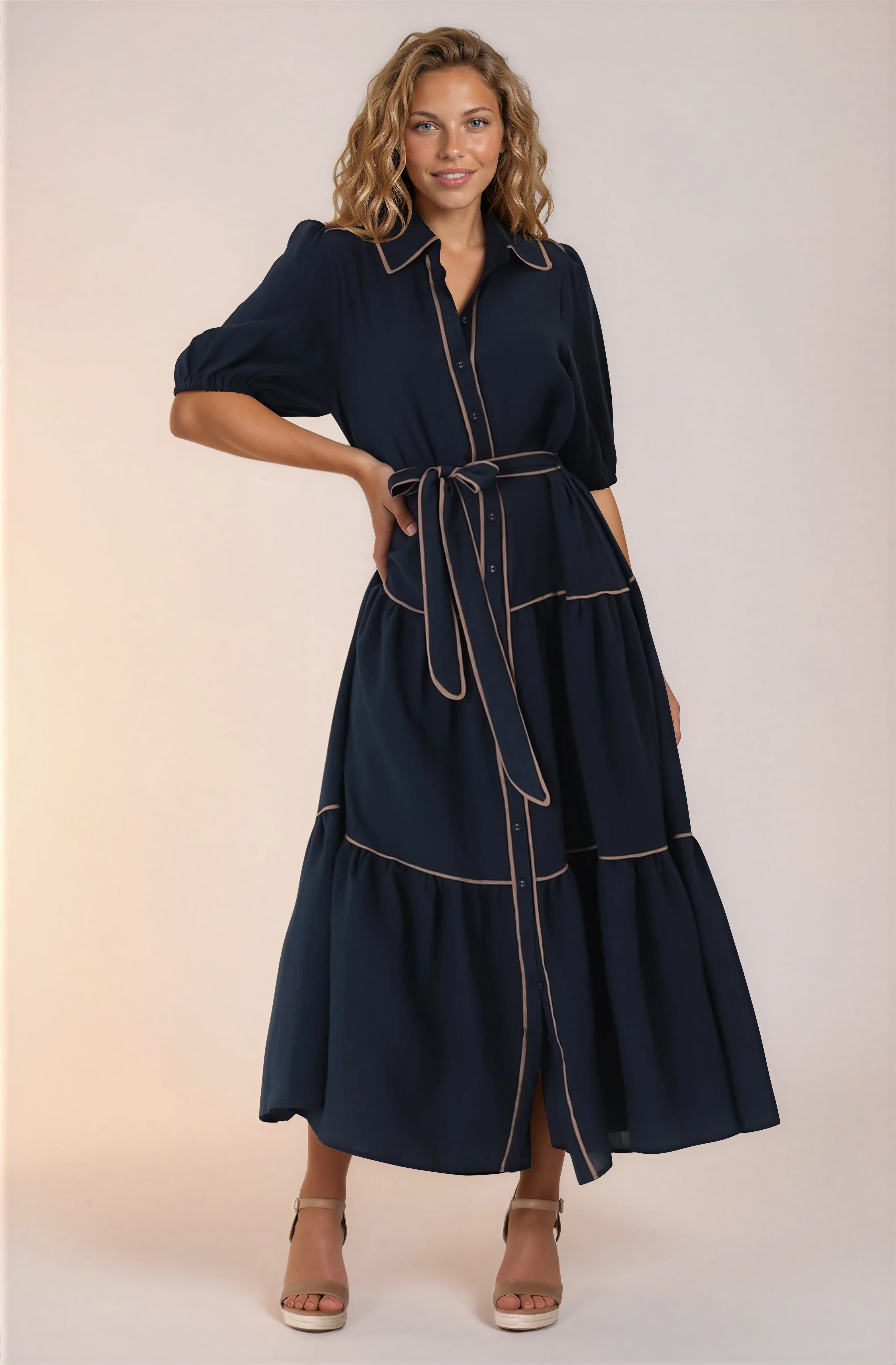Valencia Maxi Dress - Collared Tiered Button Down Dress with Contrast Trim in Navy - Image 5