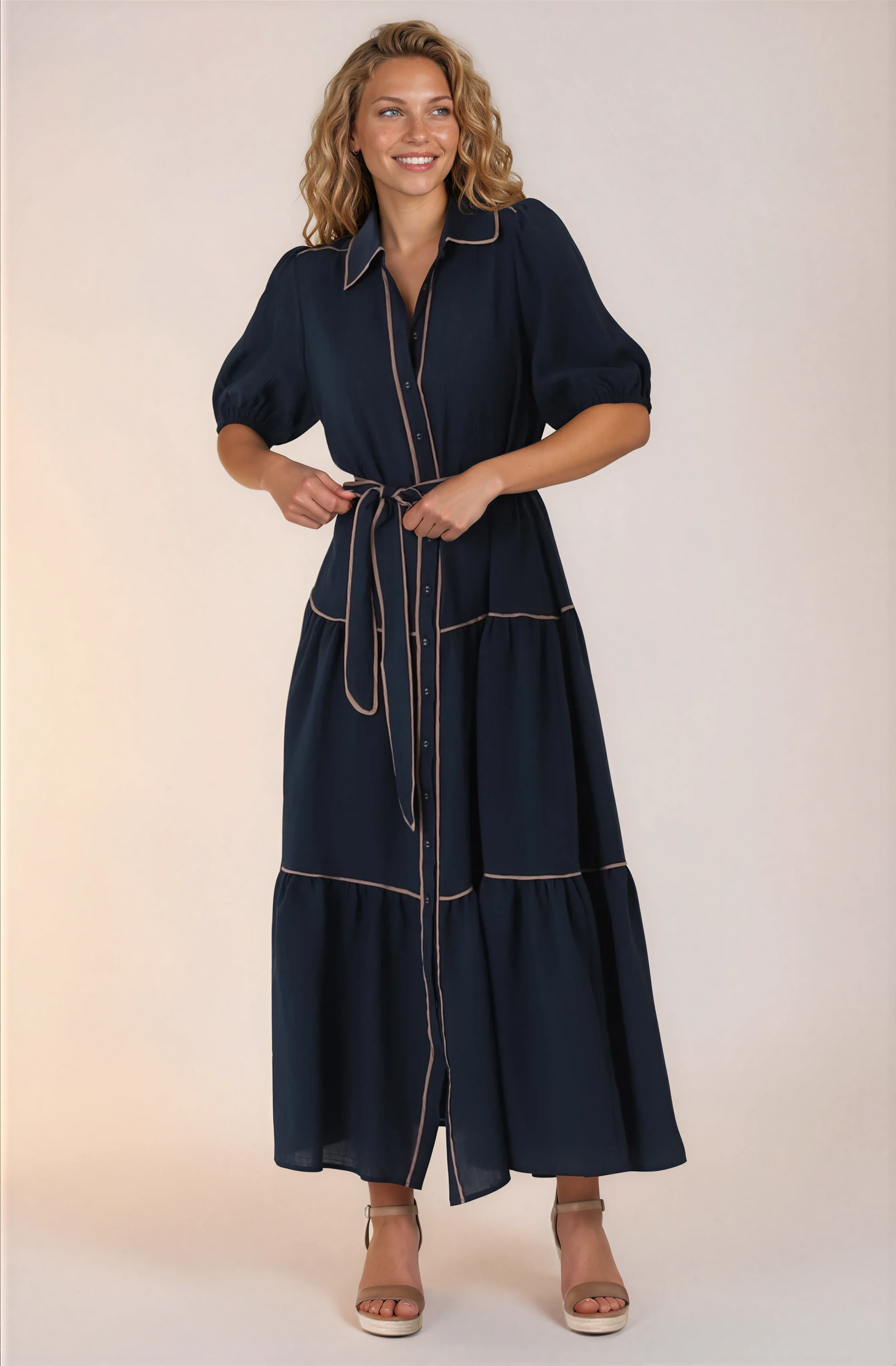 Valencia Maxi Dress - Collared Tiered Button Down Dress with Contrast Trim in Navy - Image 6