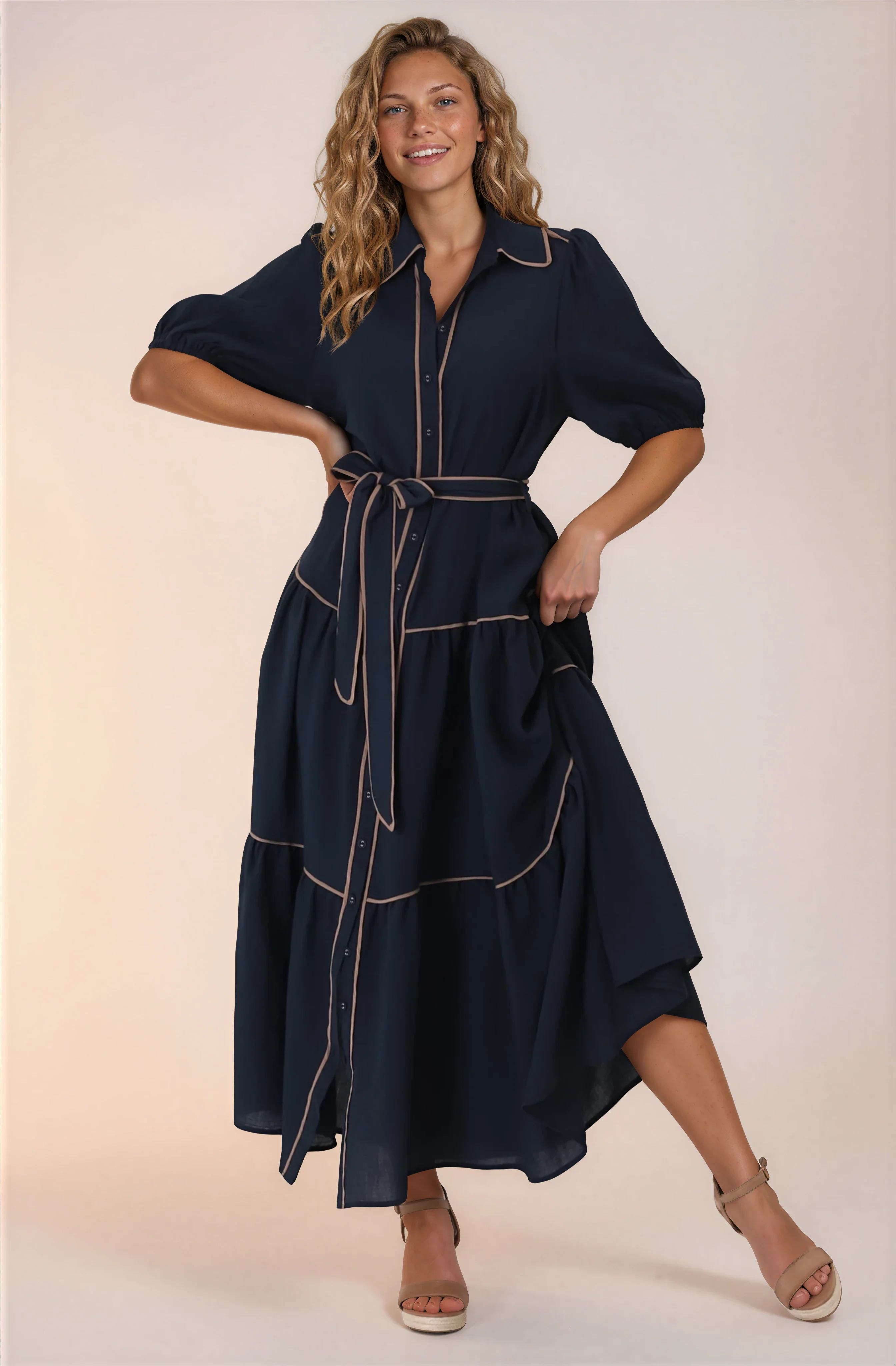 Valencia Maxi Dress - Collared Tiered Button Down Dress with Contrast Trim in Navy - Image 7