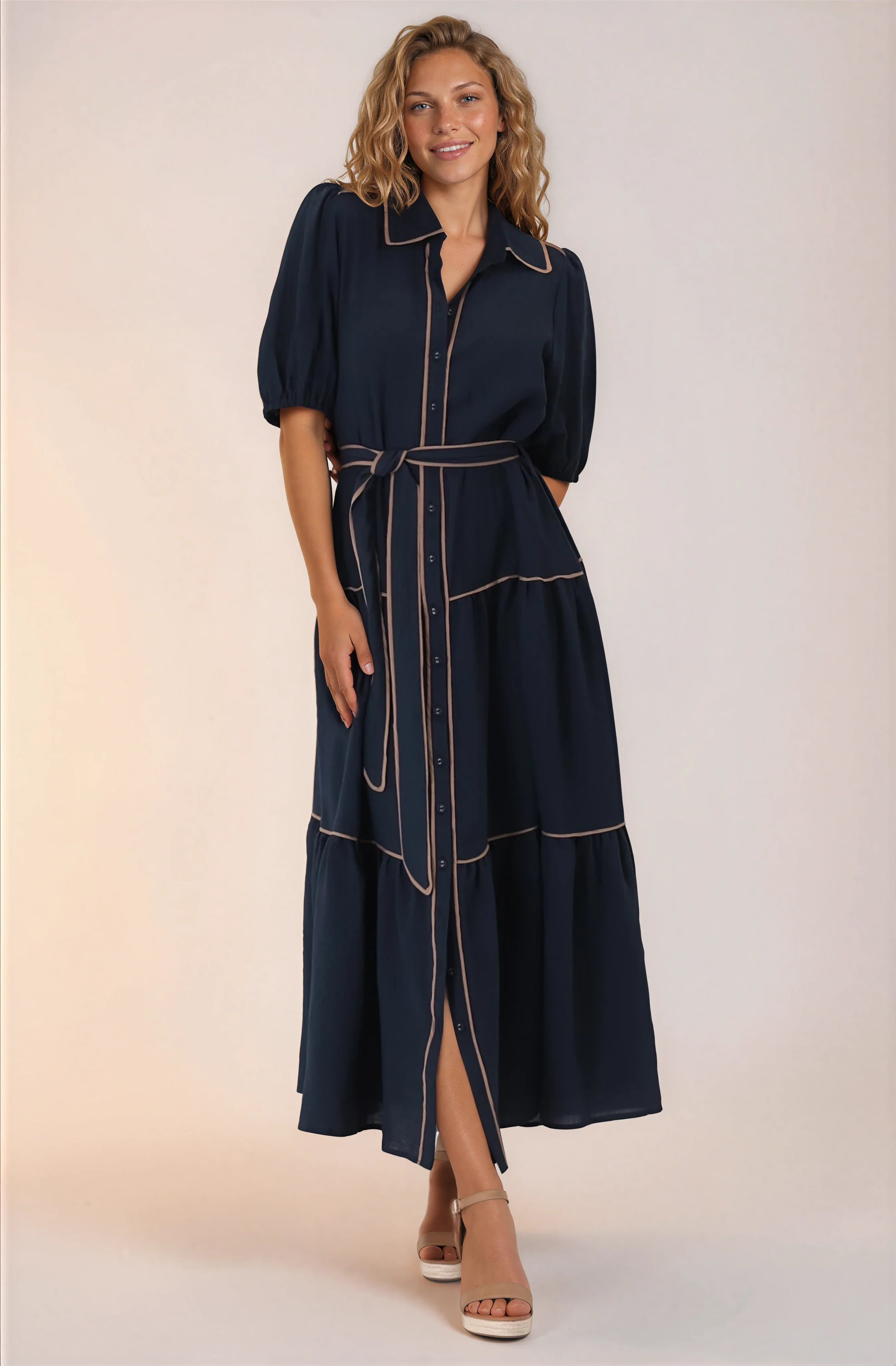 Valencia Maxi Dress - Collared Tiered Button Down Dress with Contrast Trim in Navy - Image 8
