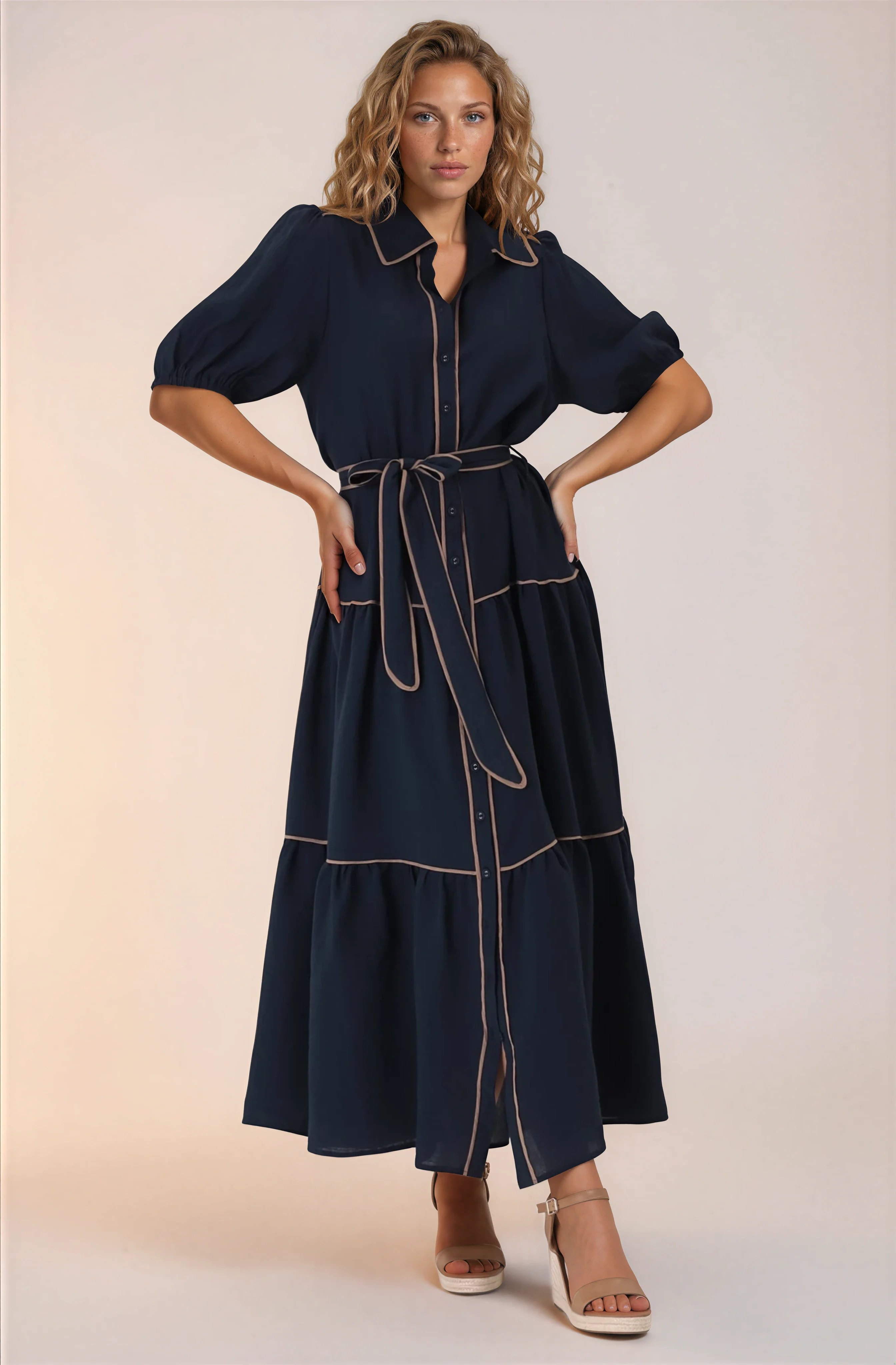 Valencia Maxi Dress - Collared Tiered Button Down Dress with Contrast Trim in Navy - Image 9