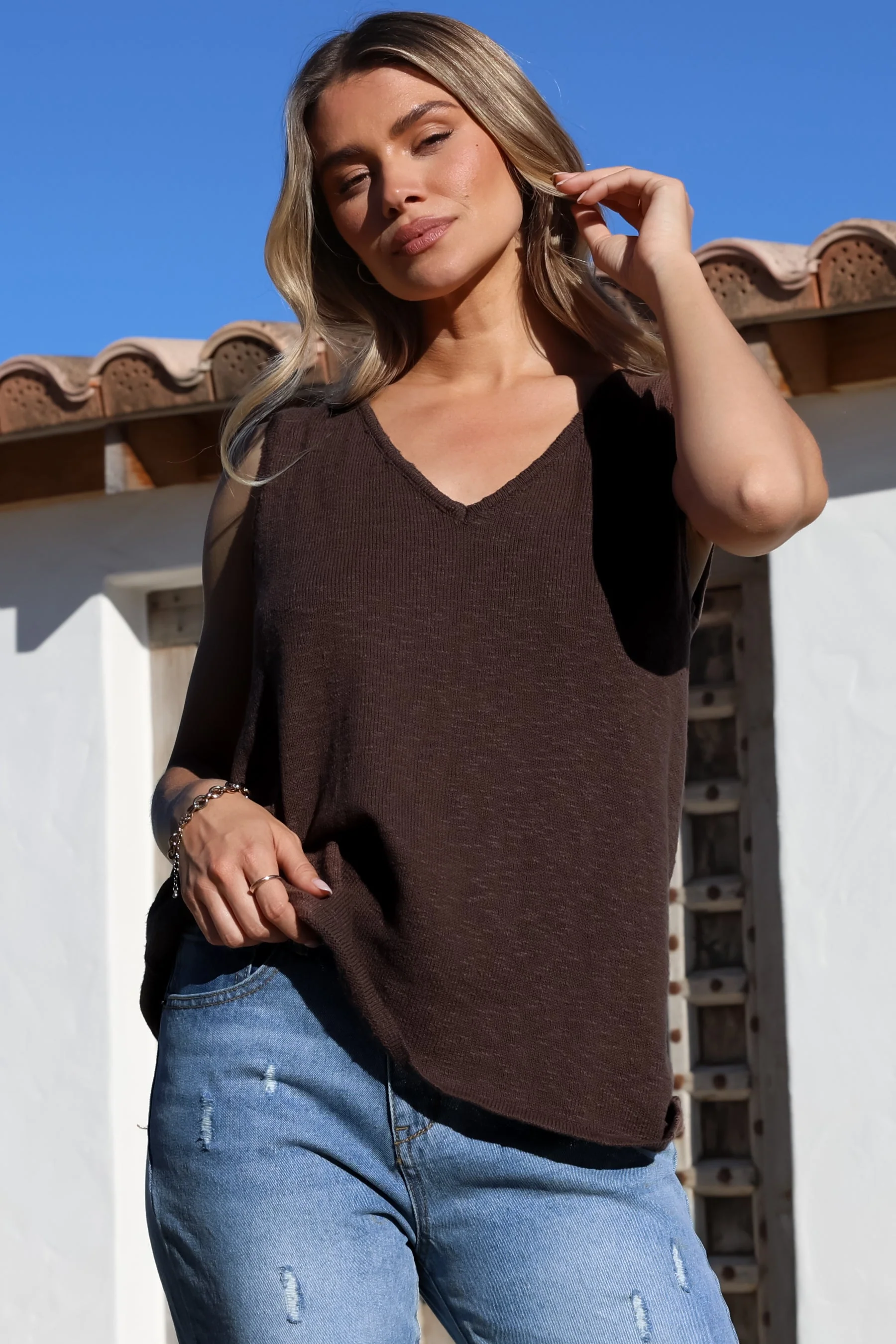 Valeria Top - Textured V-Neck Tank Top in Chocolate - Image 4