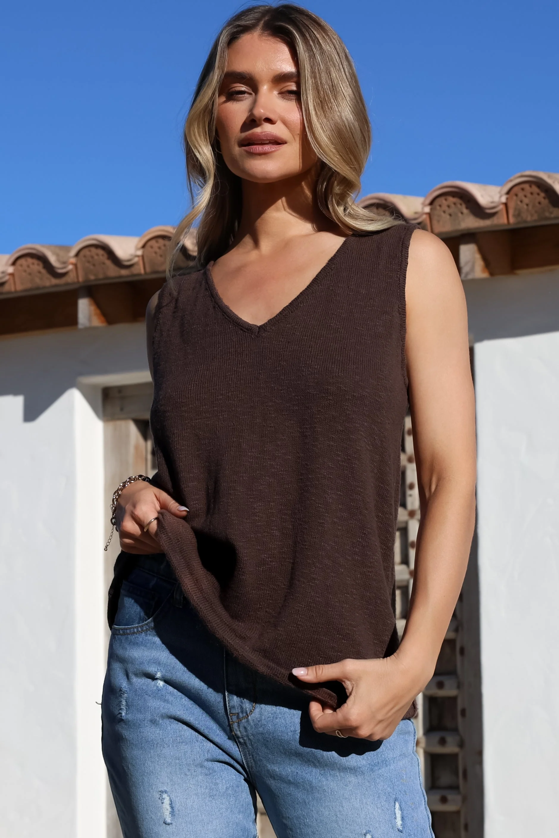 Valeria Top - Textured V-Neck Tank Top in Chocolate - Image 9