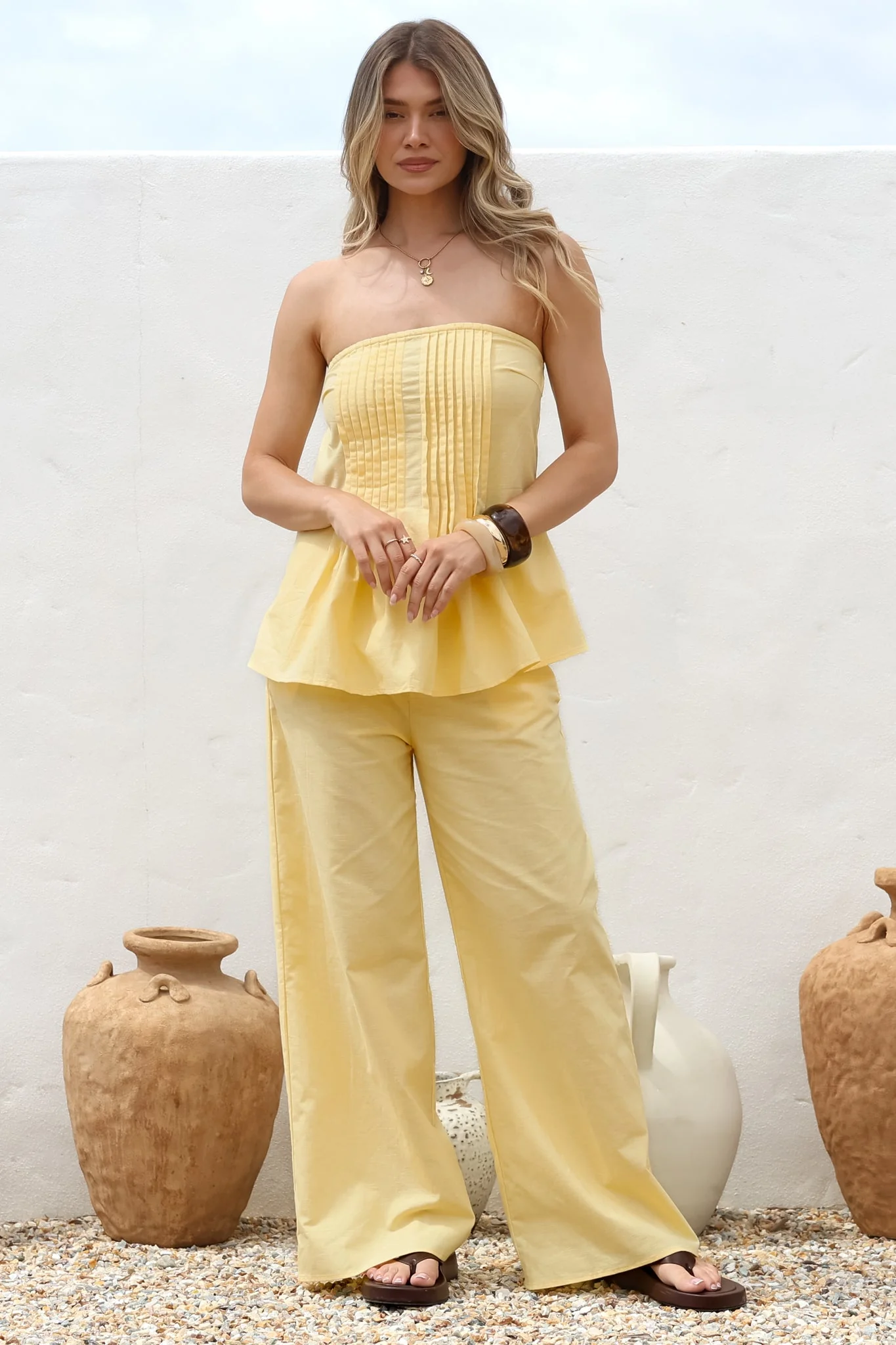 Vanity Two Piece Set - Strapless Pleated Top and Long Pants in Lemon - Image 5