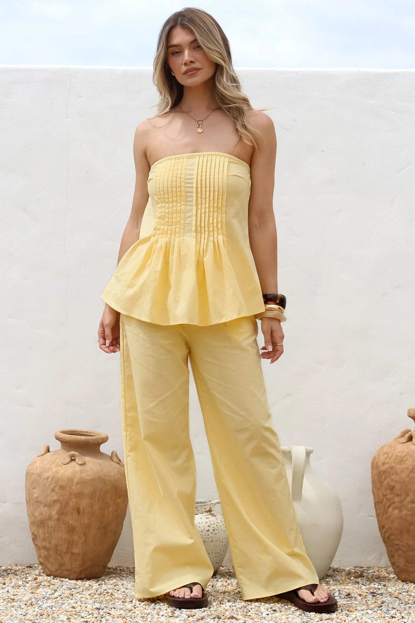 Vanity Two Piece Set - Strapless Pleated Top and Long Pants in Lemon - Image 6