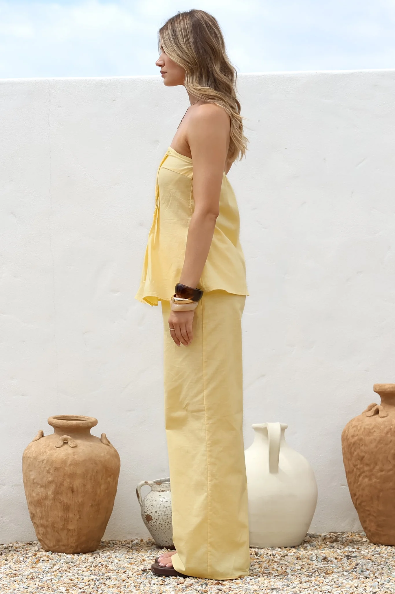 Vanity Two Piece Set - Strapless Pleated Top and Long Pants in Lemon - Image 8