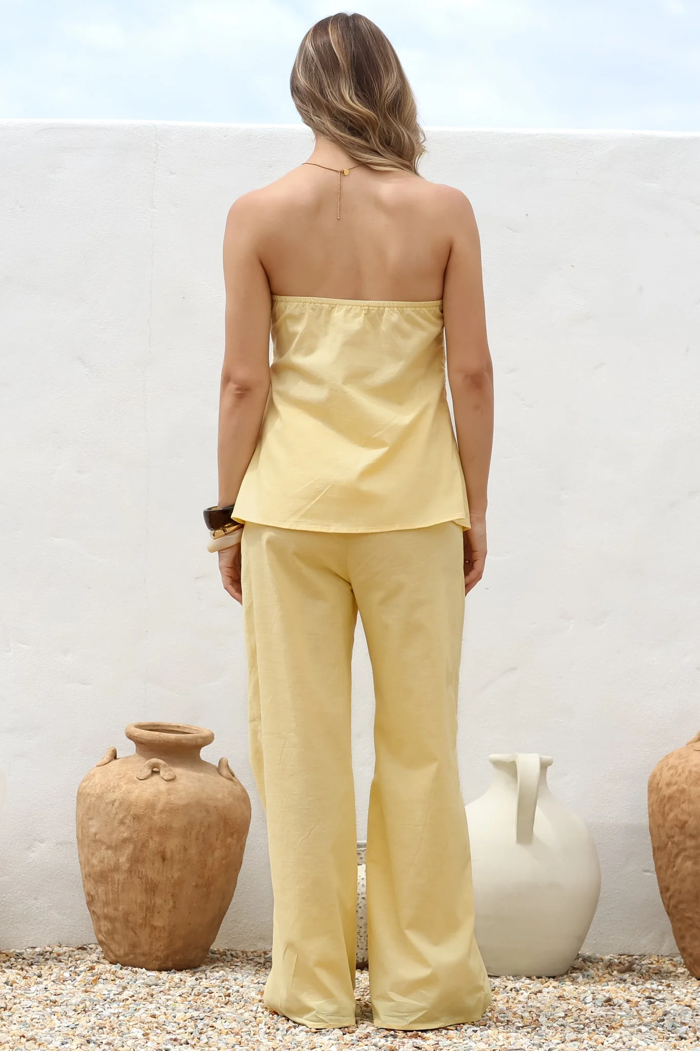 Vanity Two Piece Set - Strapless Pleated Top and Long Pants in Lemon - Image 9