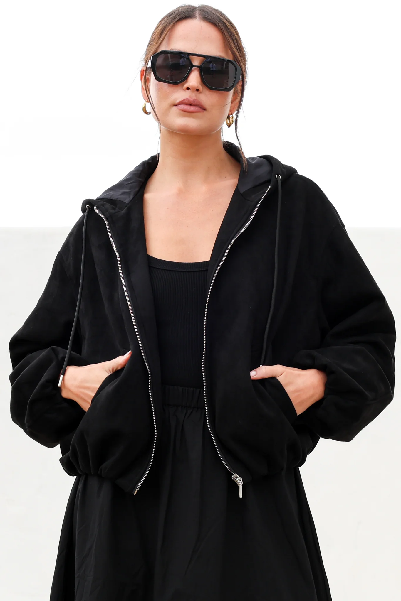 Vector Jacket - Faux Suede Zipper Closure Bomber Jacket with Hoodie in Black