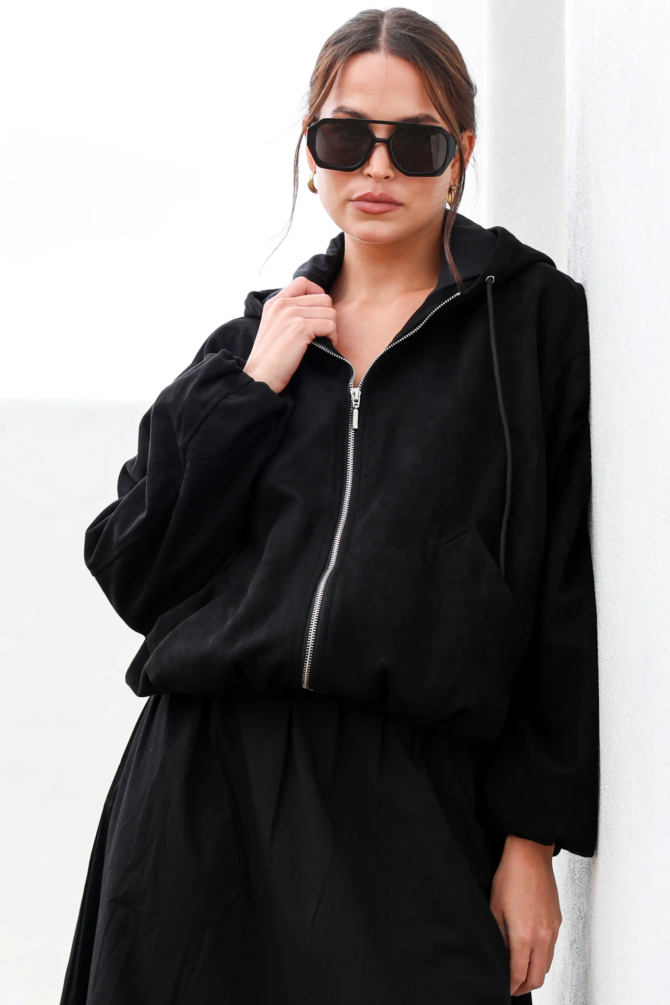 Vector Jacket - Faux Suede Zipper Closure Bomber Jacket with Hoodie in Black - Image 2