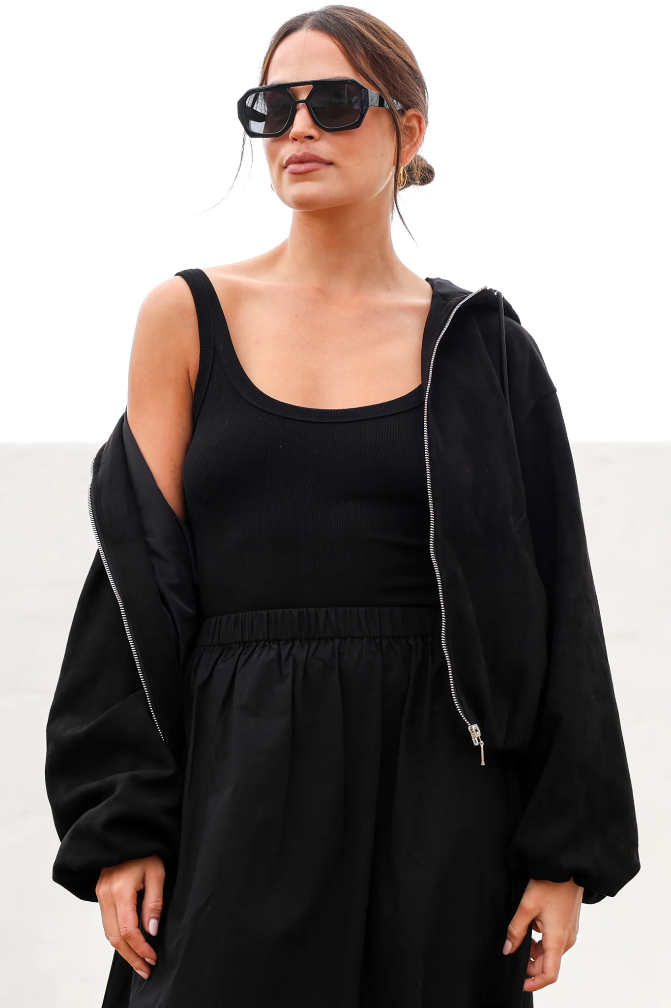 Vector Jacket - Faux Suede Zipper Closure Bomber Jacket with Hoodie in Black - Image 3
