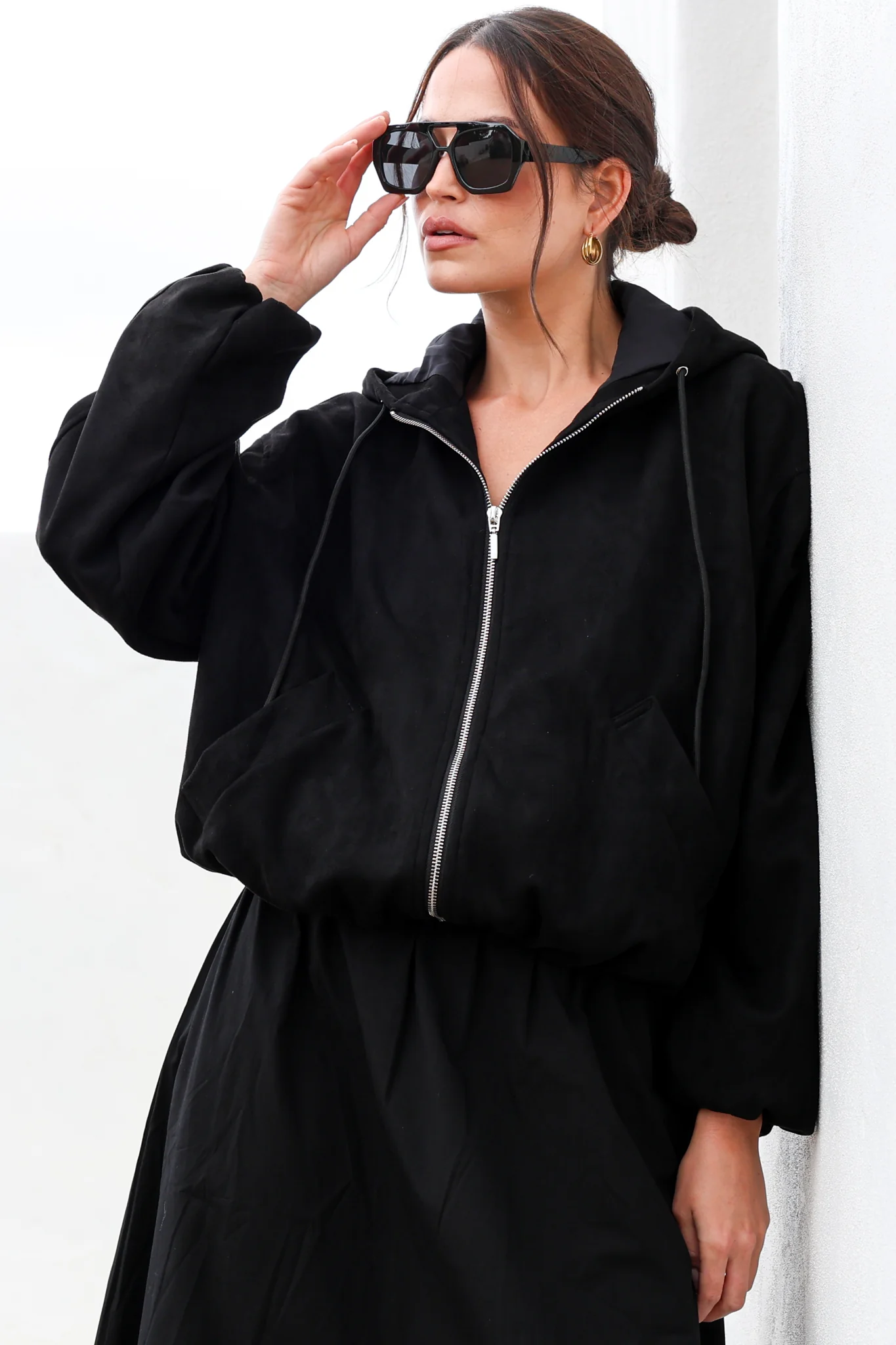 Vector Jacket - Faux Suede Zipper Closure Bomber Jacket with Hoodie in Black - Image 4