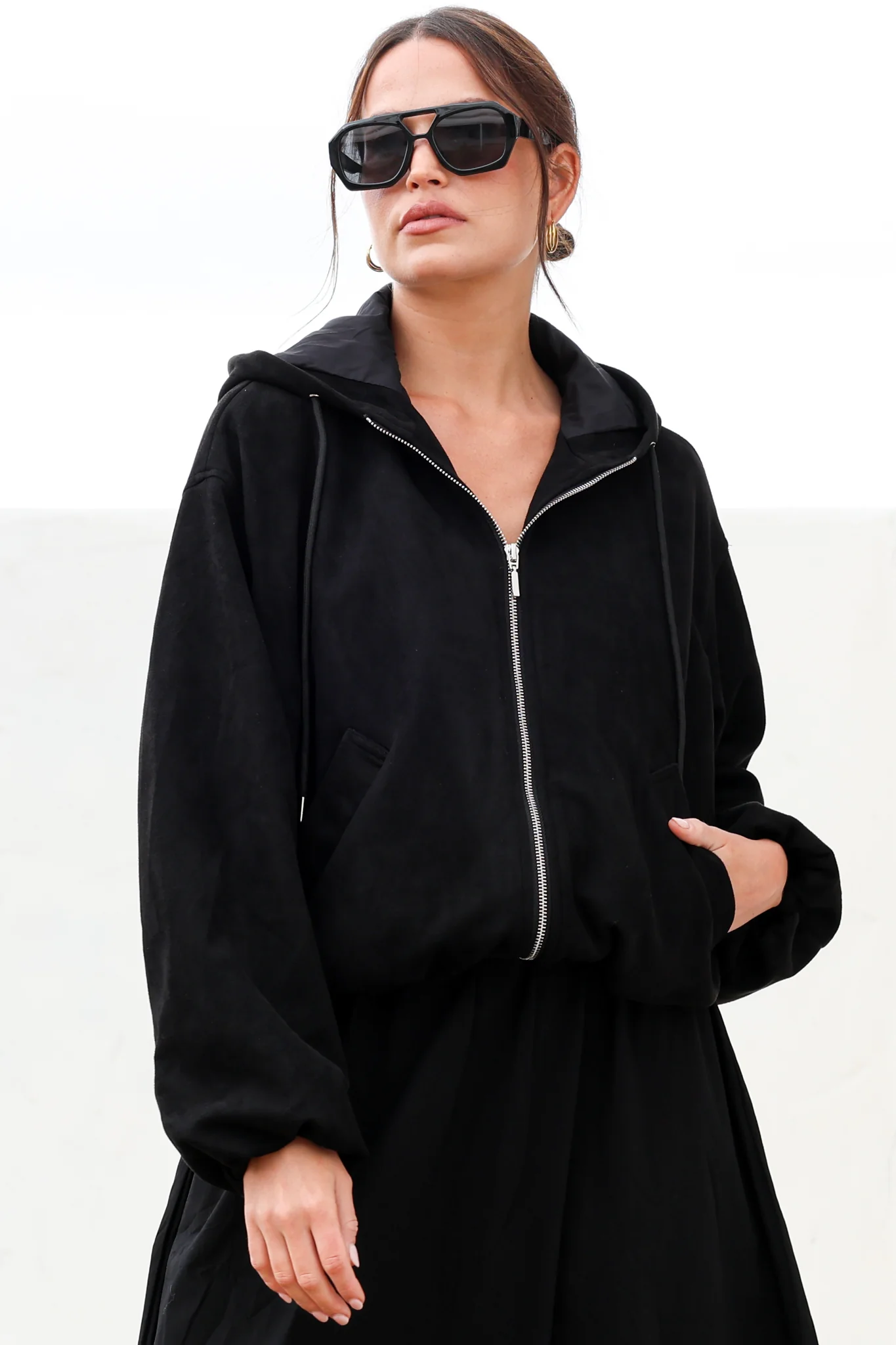 Vector Jacket - Faux Suede Zipper Closure Bomber Jacket with Hoodie in Black - Image 6