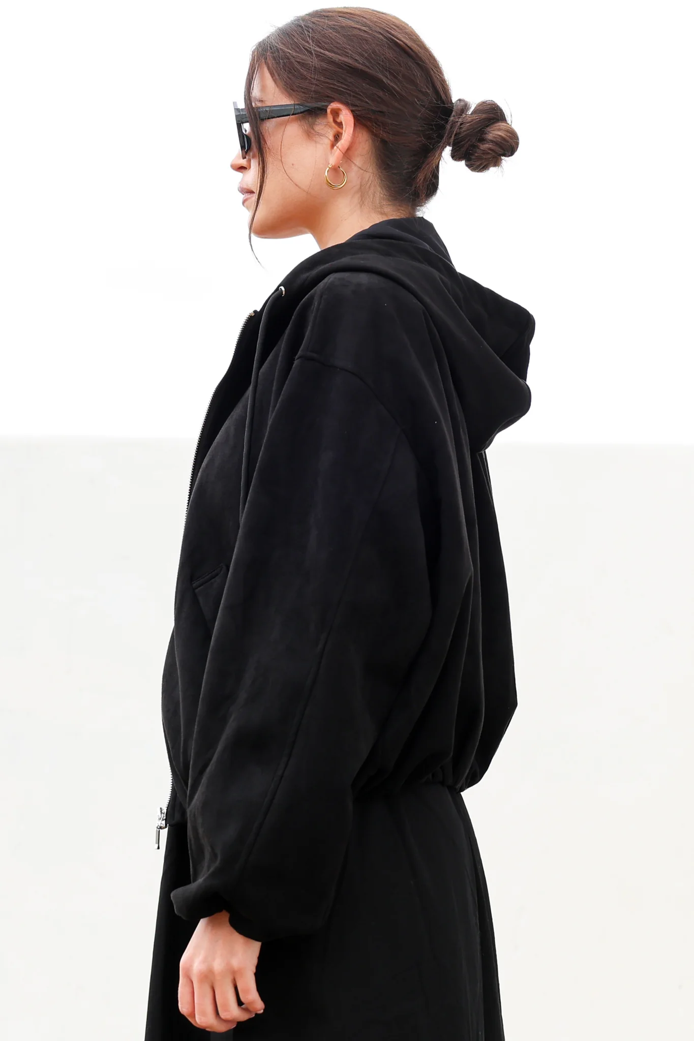 Vector Jacket - Faux Suede Zipper Closure Bomber Jacket with Hoodie in Black - Image 7