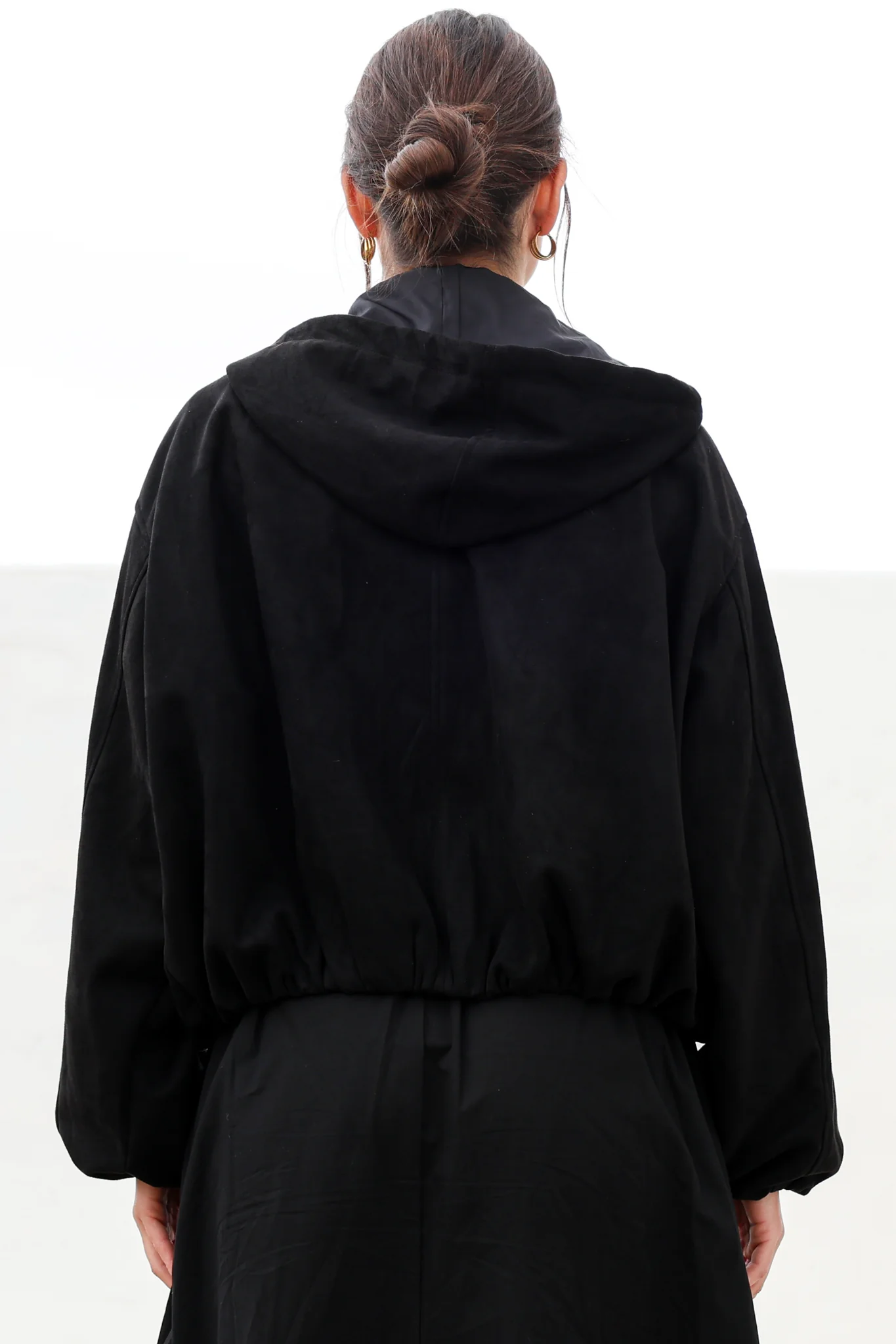 Vector Jacket - Faux Suede Zipper Closure Bomber Jacket with Hoodie in Black - Image 8