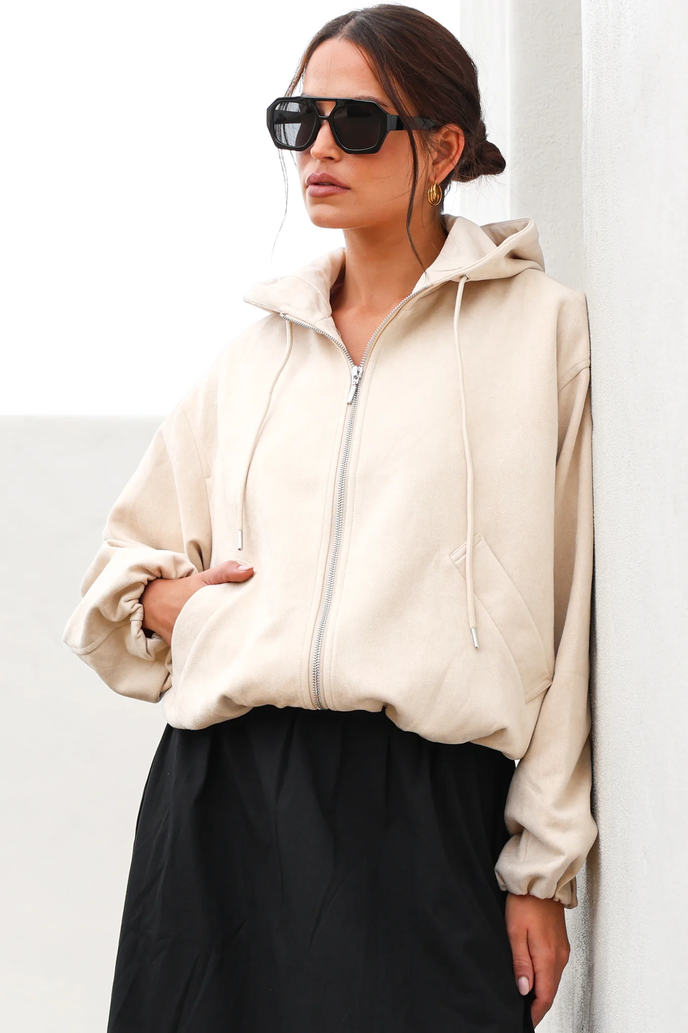 Vector Jacket - Faux Suede Zipper Closure Bomber Jacket with Hoodie in Cream - Image 3