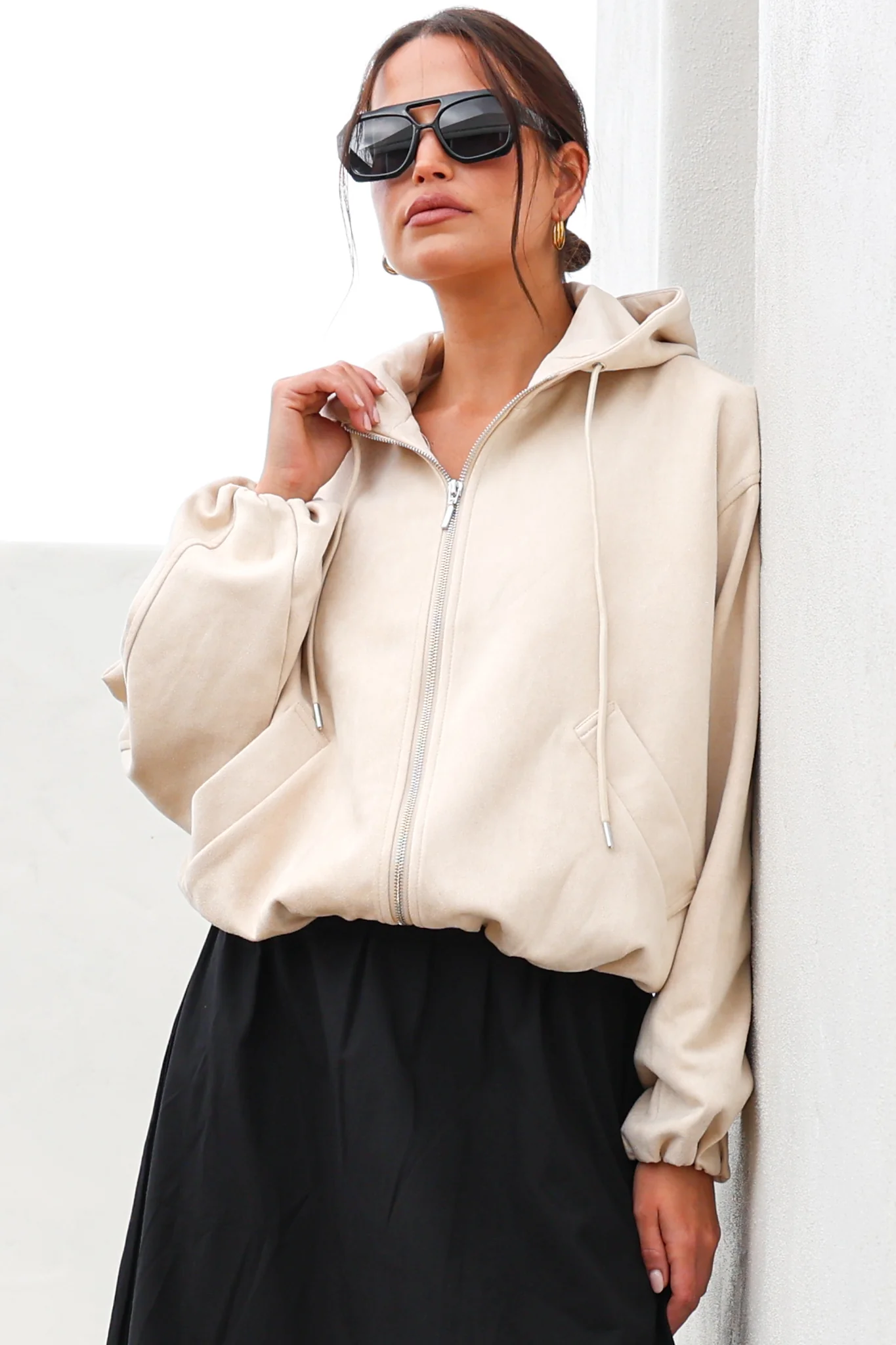 Vector Jacket - Faux Suede Zipper Closure Bomber Jacket with Hoodie in Cream - Image 6