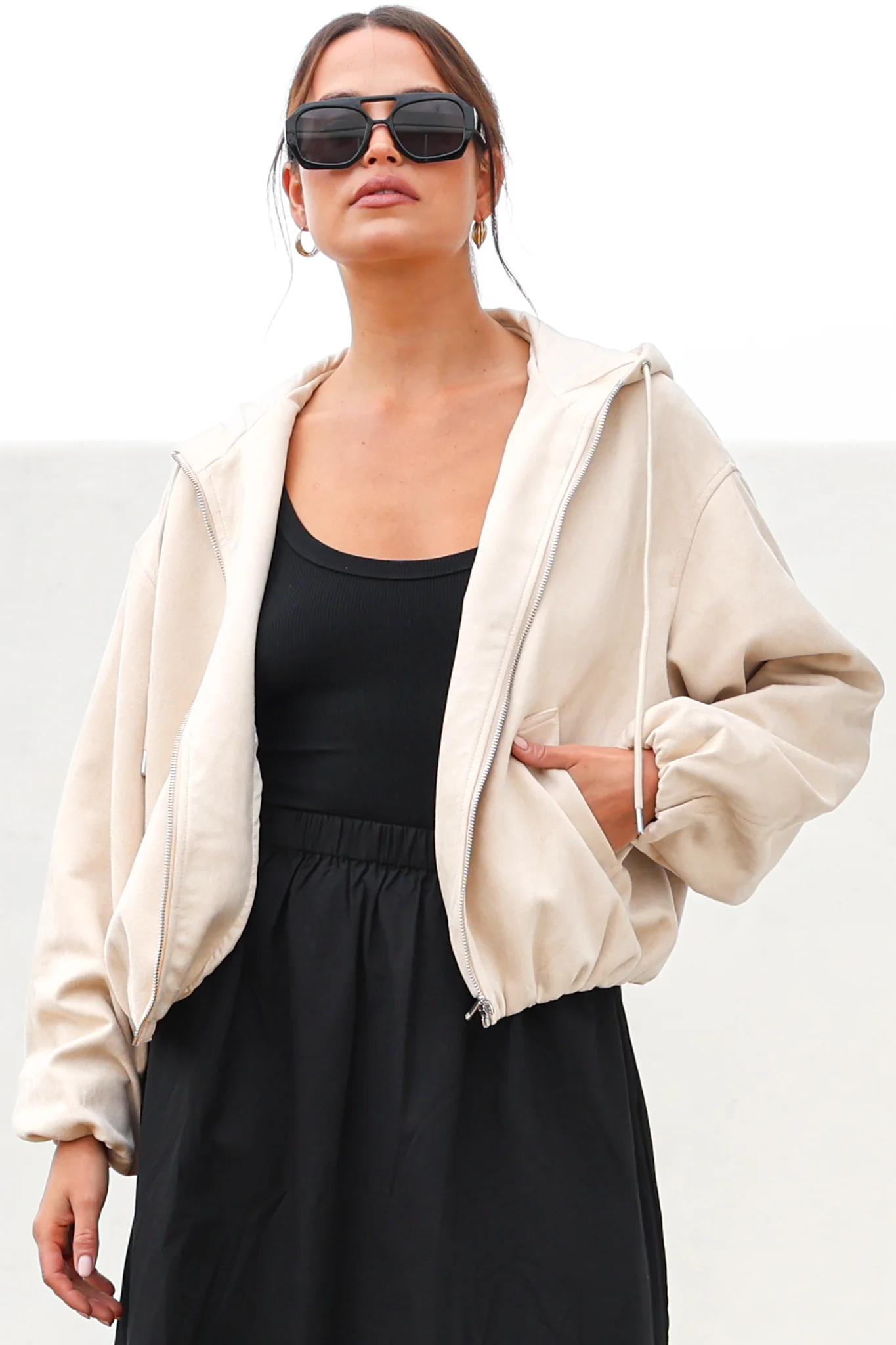 Vector Jacket - Faux Suede Zipper Closure Bomber Jacket with Hoodie in Cream - Image 7
