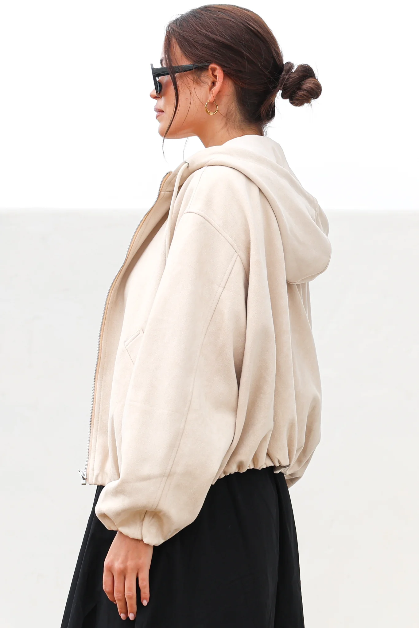 Vector Jacket - Faux Suede Zipper Closure Bomber Jacket with Hoodie in Cream - Image 8