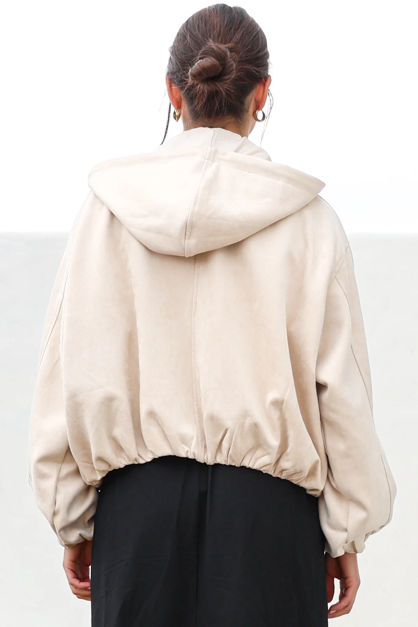 Vector Jacket - Faux Suede Zipper Closure Bomber Jacket with Hoodie in Cream - Image 9