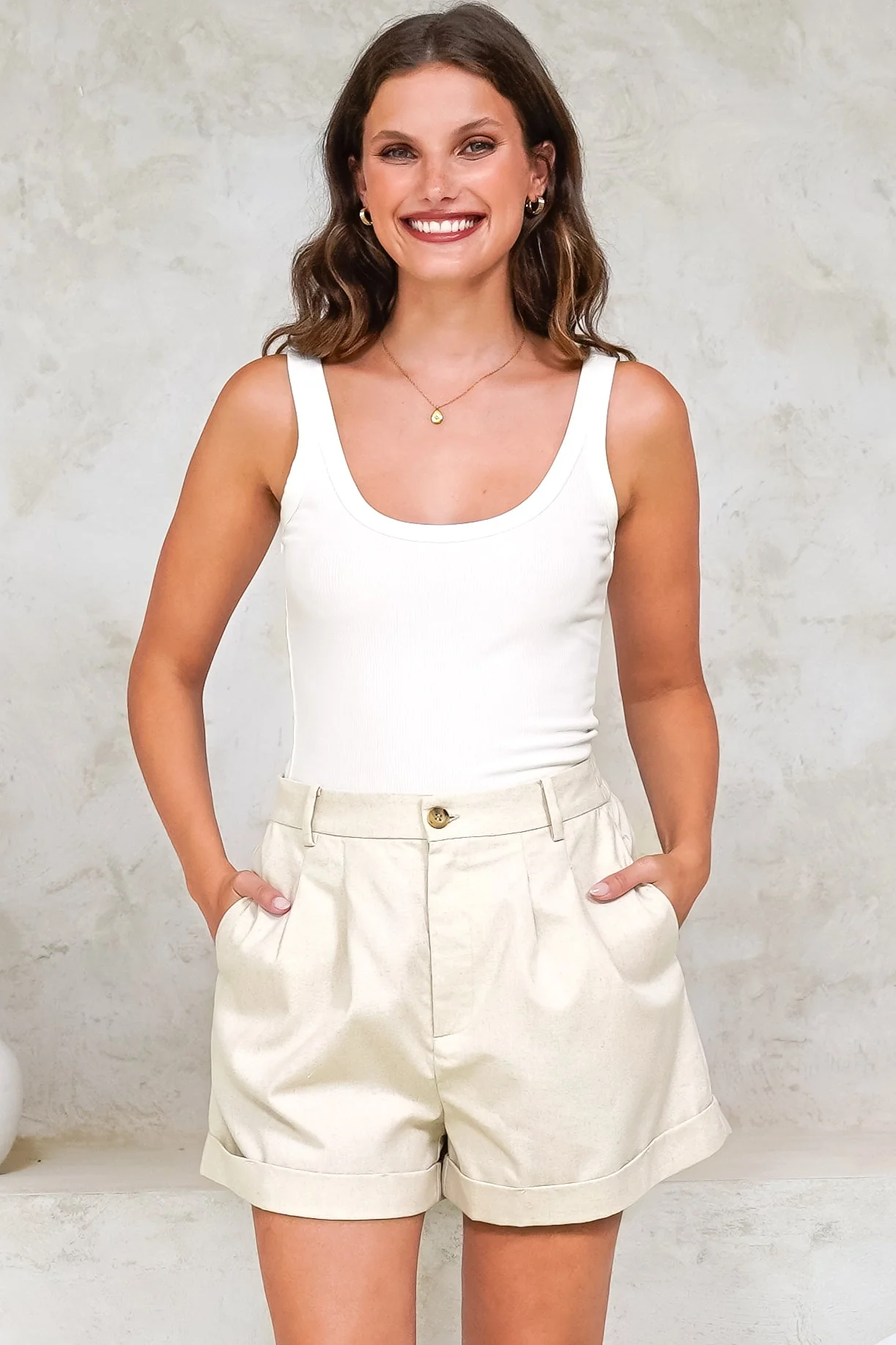Ventura Shorts - High Waisted Tailored Shorts with Pockets in Oatmeal - Image 5