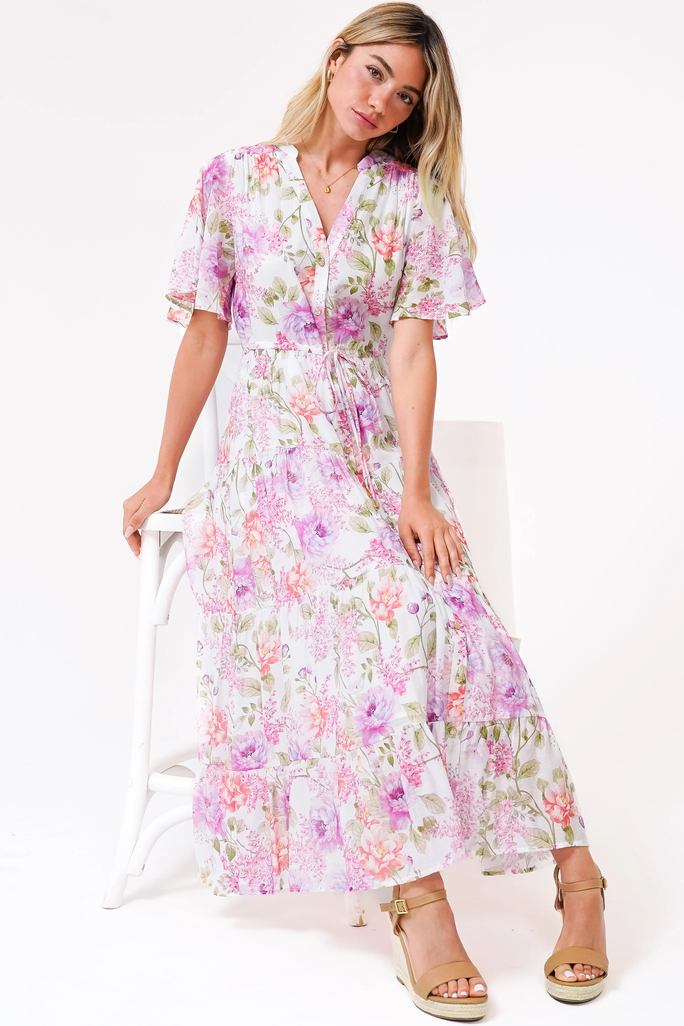Vesna Midi Dress - Mandarin Collared Flutter Sleeve Shirt Dress with Waist Tie in Honora Print - Image 2