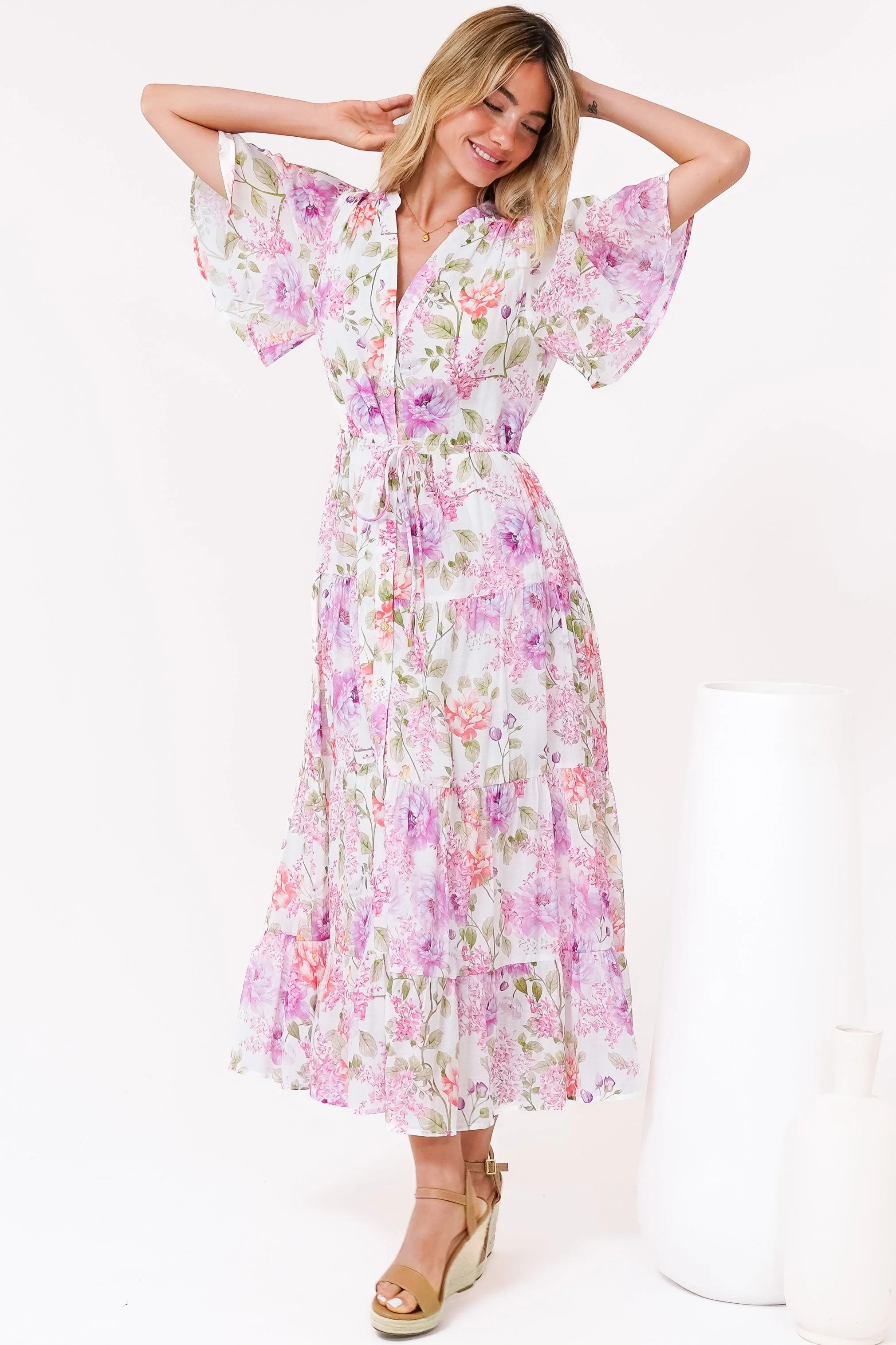 Vesna Midi Dress - Mandarin Collared Flutter Sleeve Shirt Dress with Waist Tie in Honora Print - Image 3