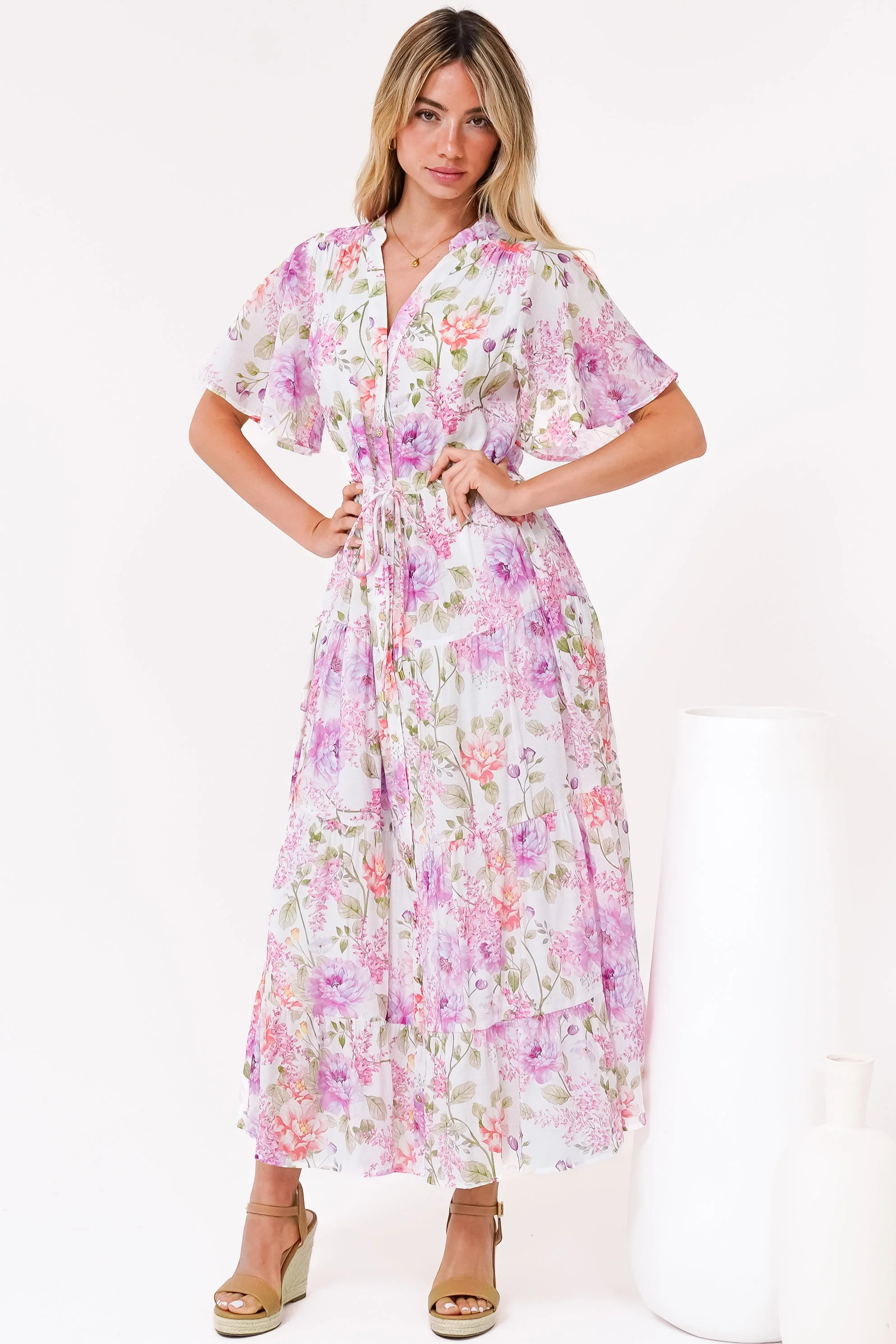 Vesna Midi Dress - Mandarin Collared Flutter Sleeve Shirt Dress with Waist Tie in Honora Print - Image 4