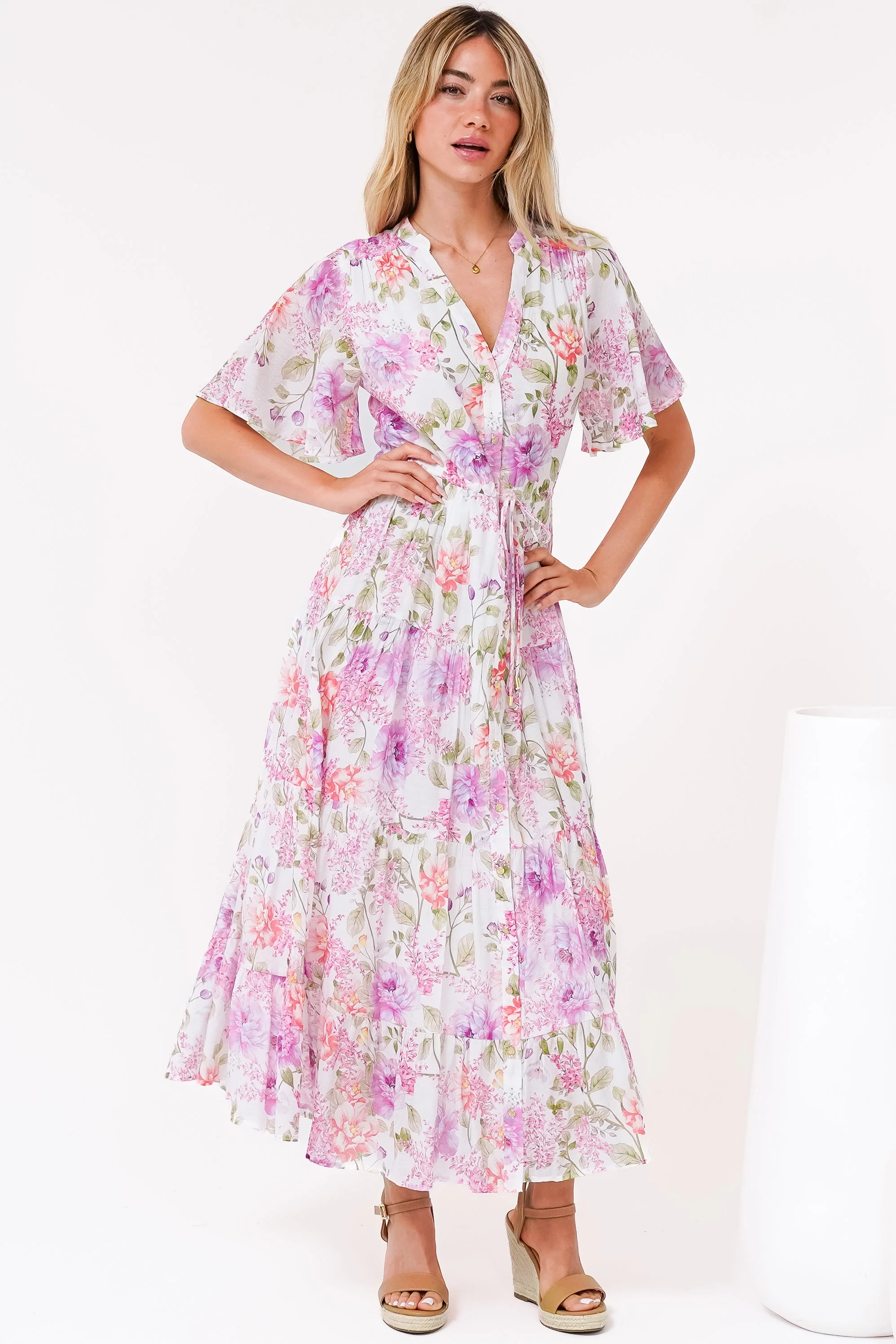 Vesna Midi Dress - Mandarin Collared Flutter Sleeve Shirt Dress with Waist Tie in Honora Print - Image 5