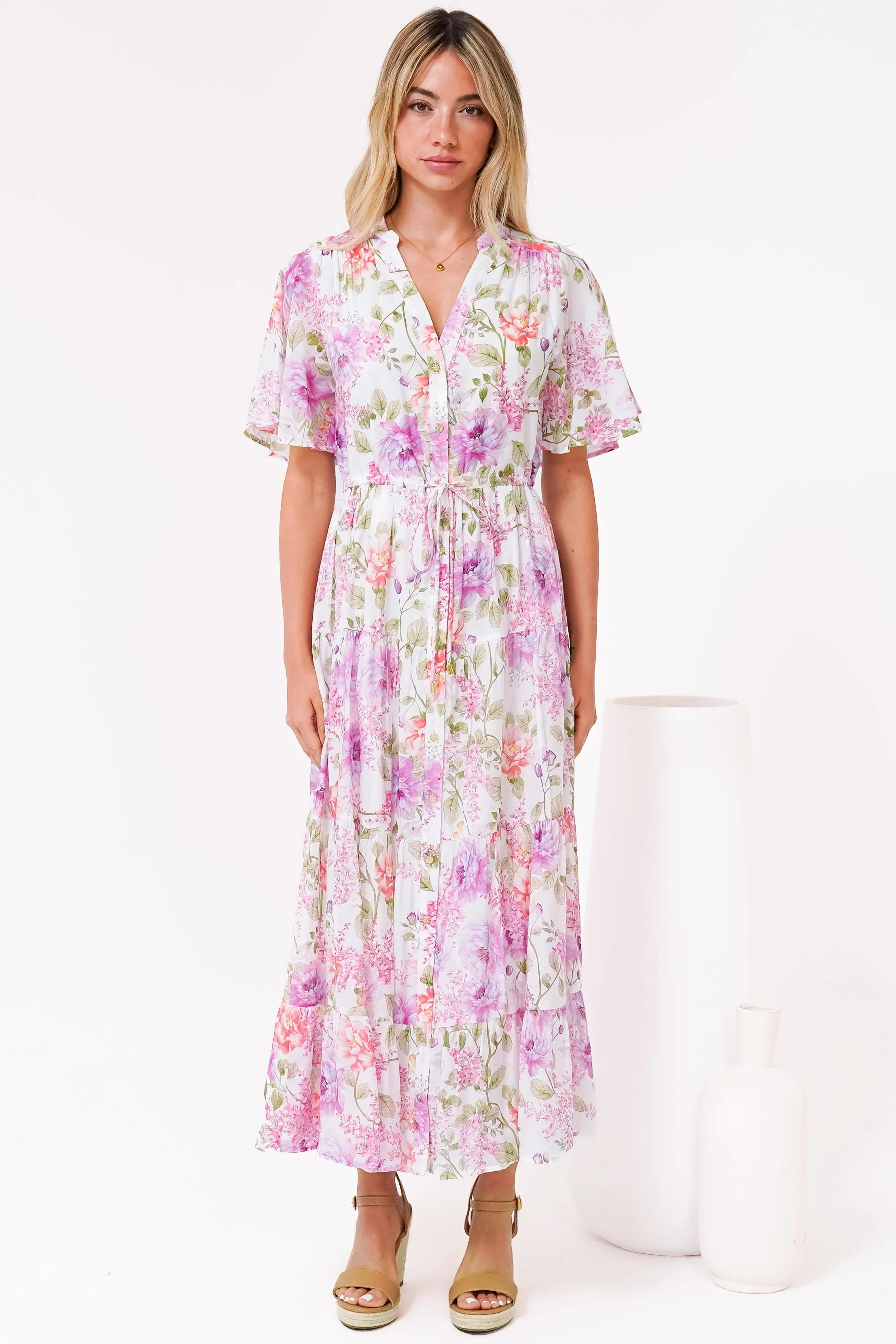 Vesna Midi Dress - Mandarin Collared Flutter Sleeve Shirt Dress with Waist Tie in Honora Print - Image 6