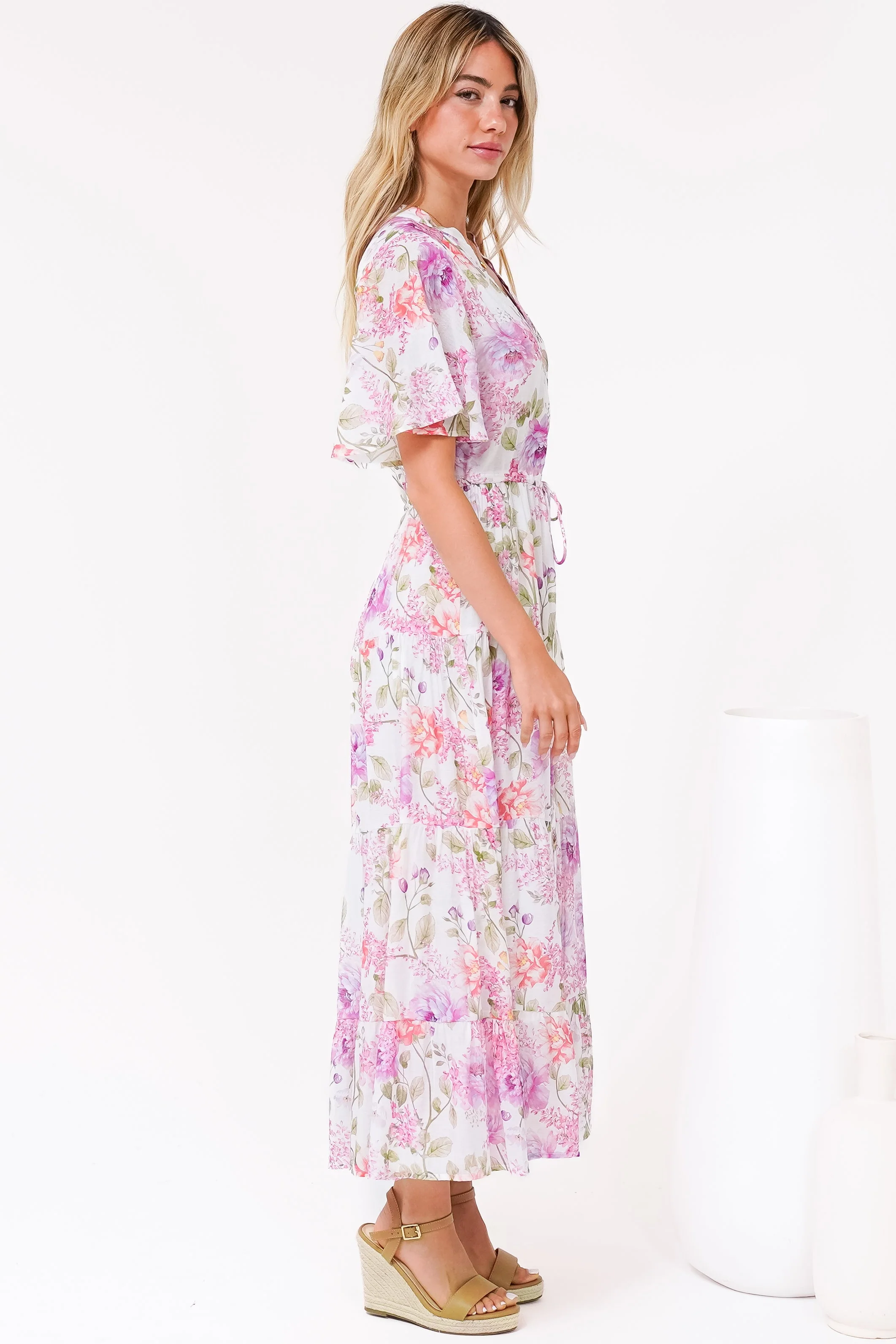 Vesna Midi Dress - Mandarin Collared Flutter Sleeve Shirt Dress with Waist Tie in Honora Print - Image 7