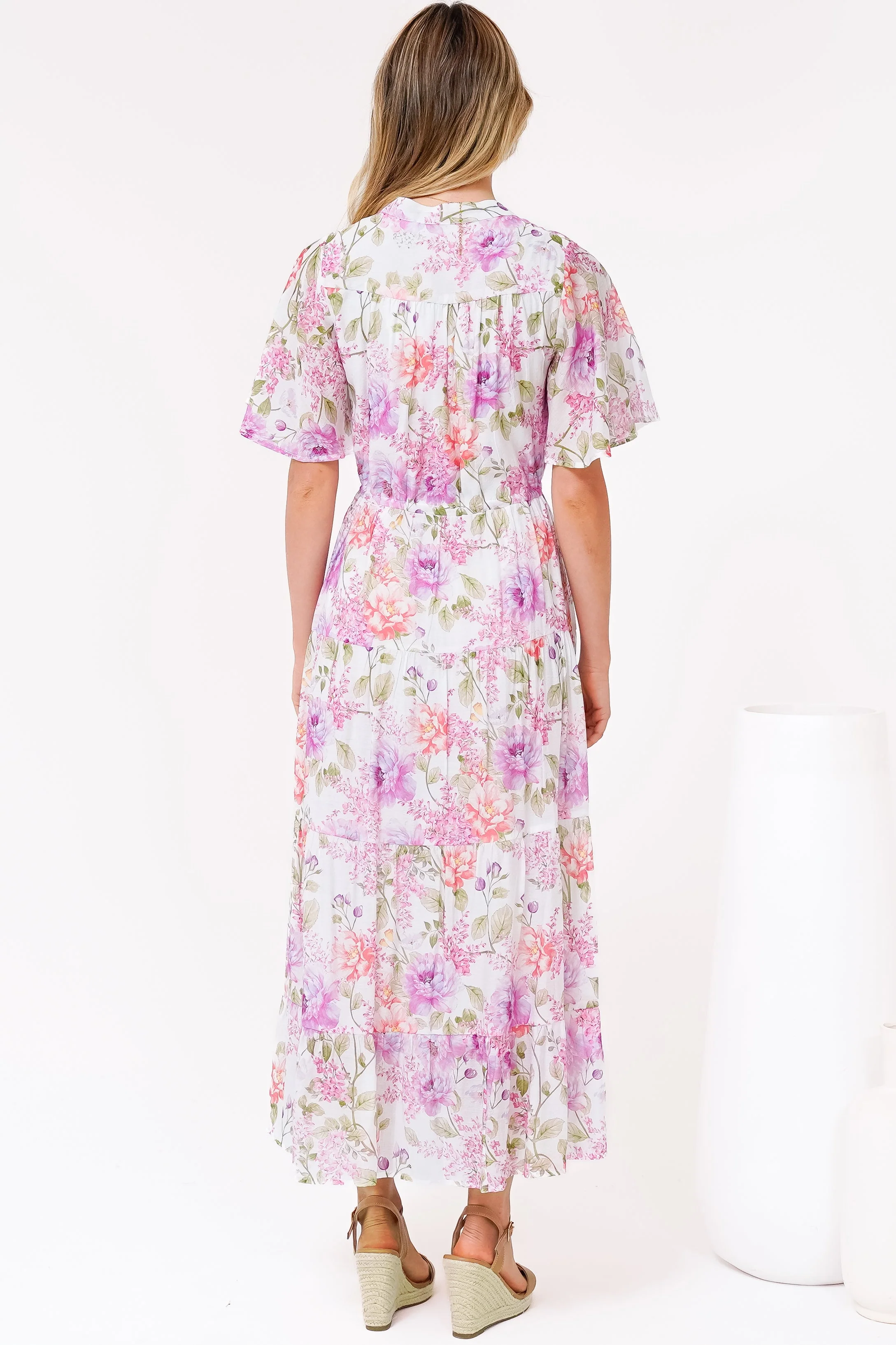 Vesna Midi Dress - Mandarin Collared Flutter Sleeve Shirt Dress with Waist Tie in Honora Print - Image 8