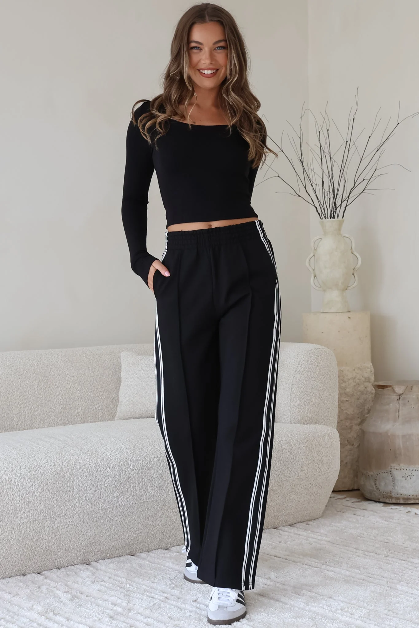Victoria Pants - High Waisted Sports Stripe Side Seams in Black - Image 3
