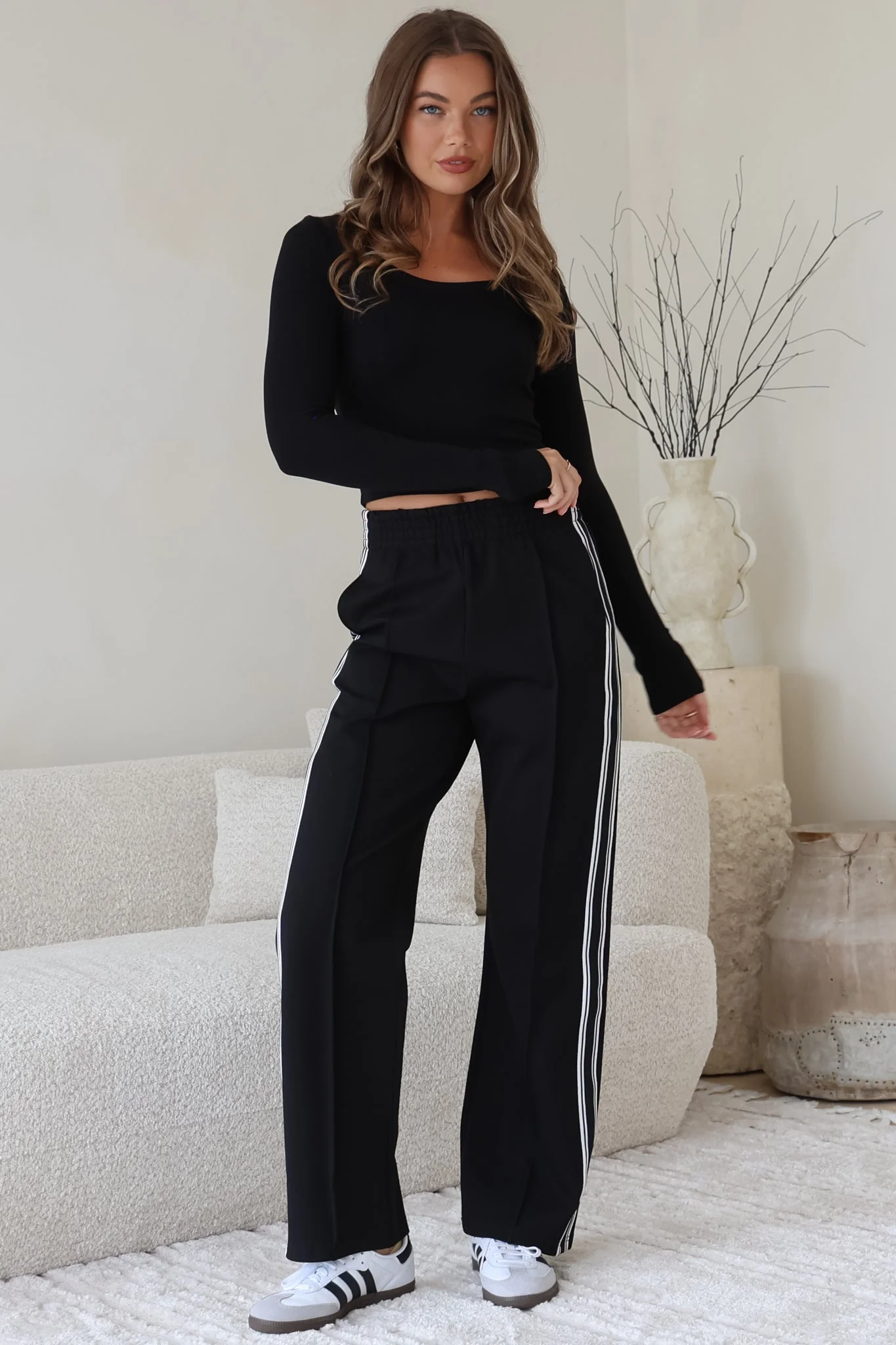 Victoria Pants - High Waisted Sports Stripe Side Seams in Black - Image 6