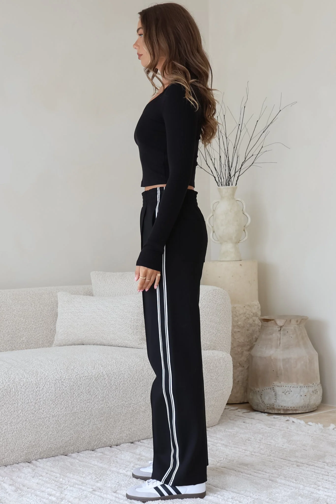 Victoria Pants - High Waisted Sports Stripe Side Seams in Black - Image 7