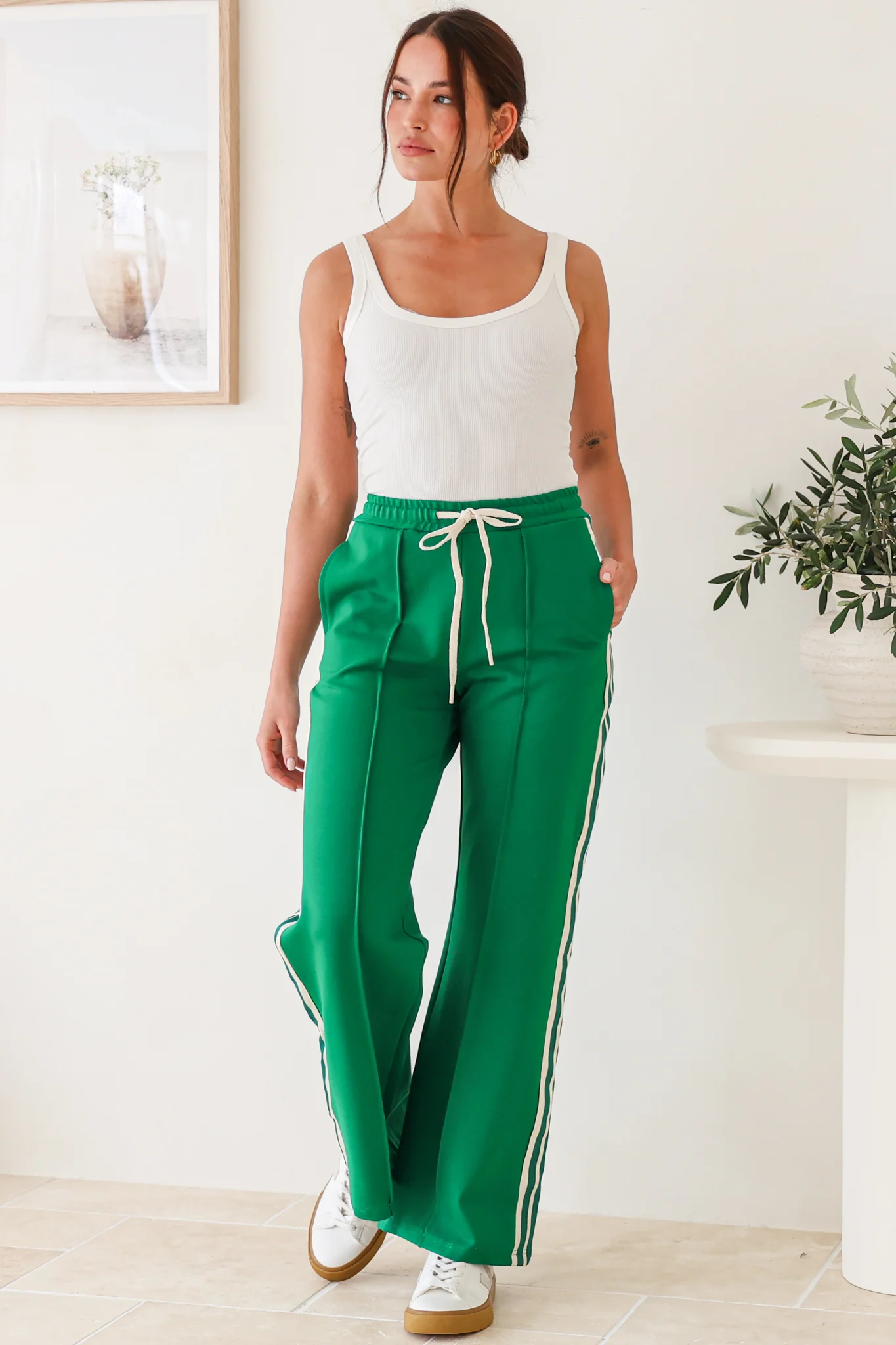 Victoria Pants - High Waisted Sports Stripe Wide Leg Pants in Green - Image 4