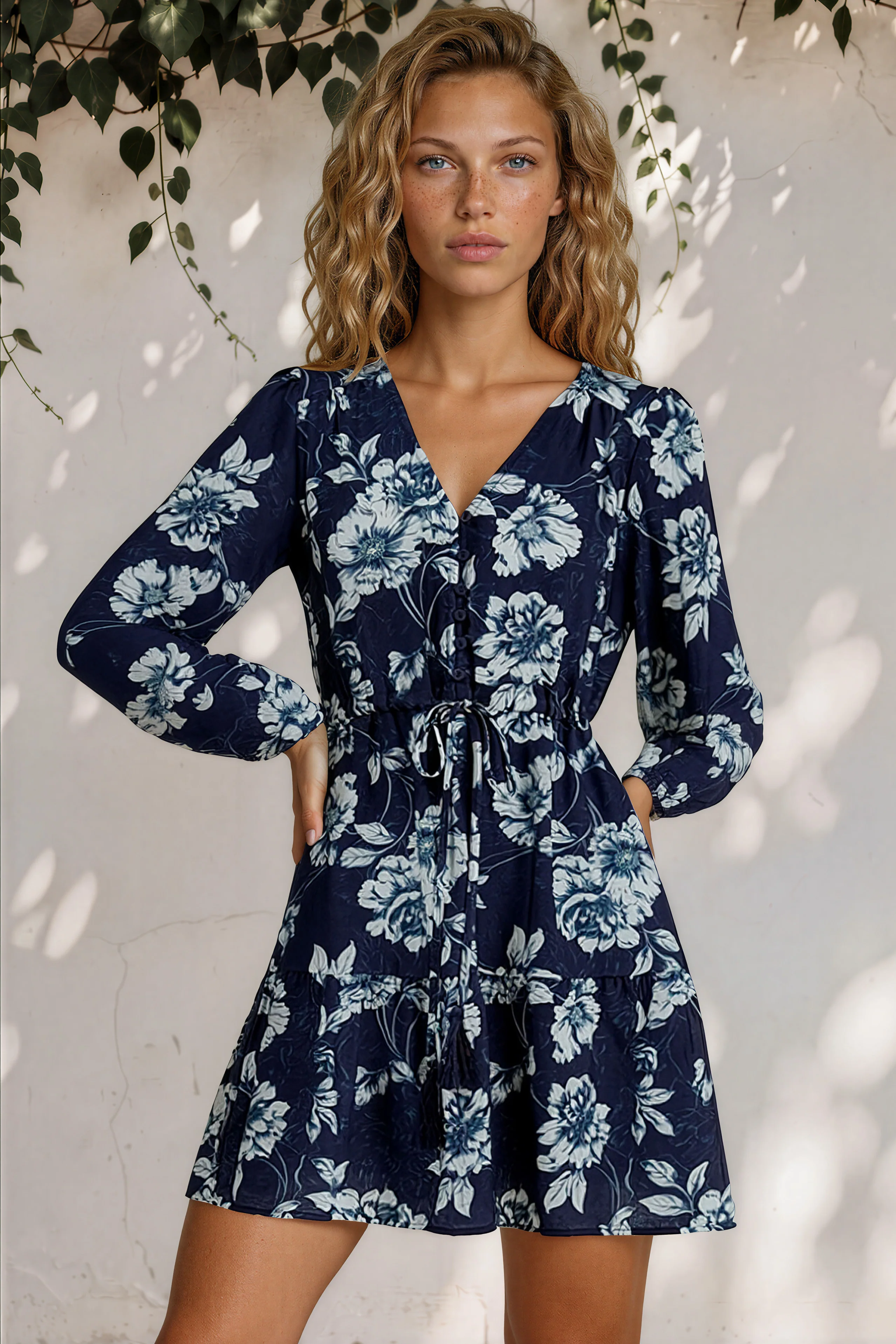 Villia Mini Dress - V Neck Buttoned Bodice Dress with Pull Tie Waist and Pockets in Minka Print Navy - Image 2