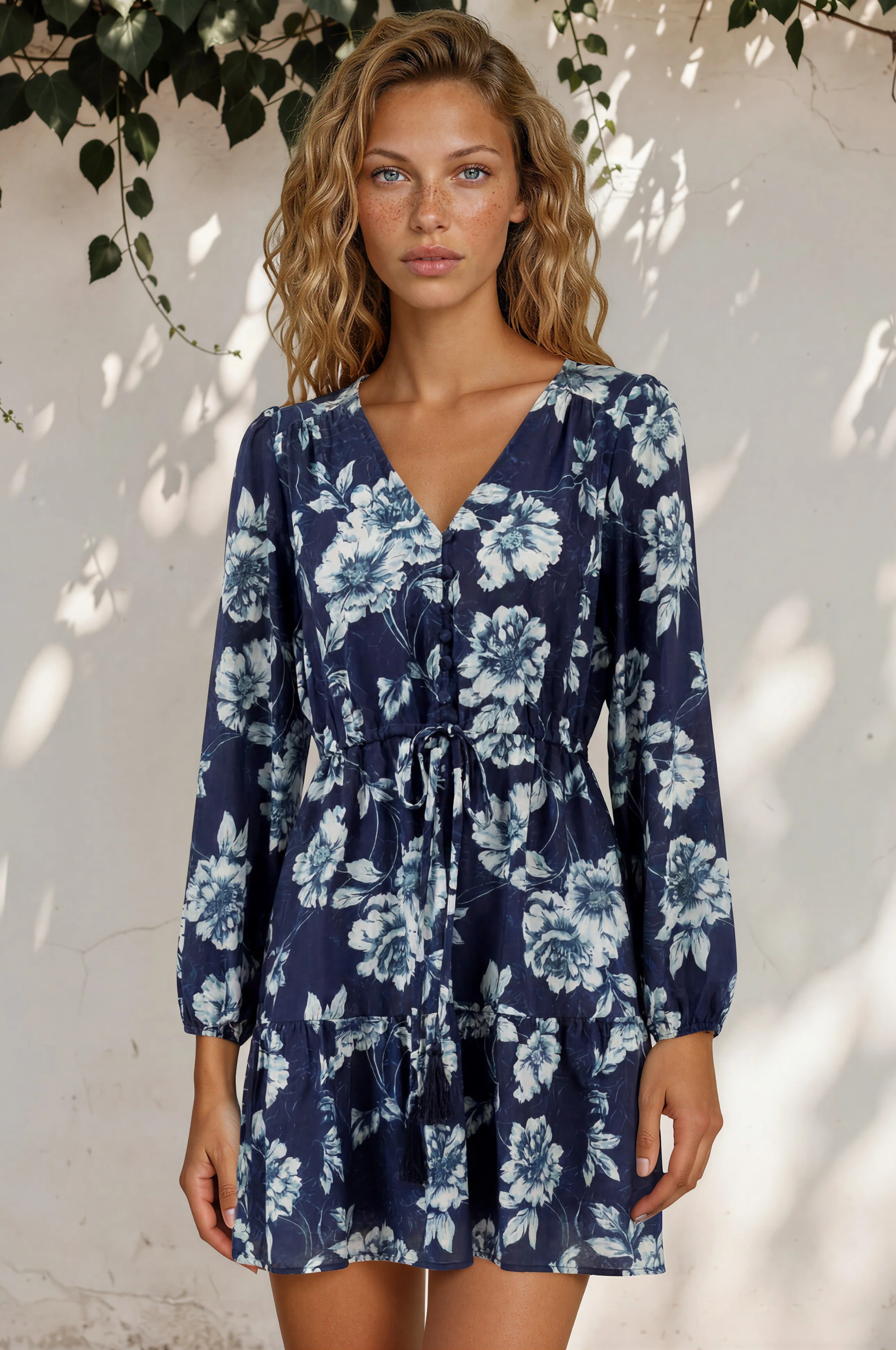 Villia Mini Dress - V Neck Buttoned Bodice Dress with Pull Tie Waist and Pockets in Minka Print Navy - Image 4