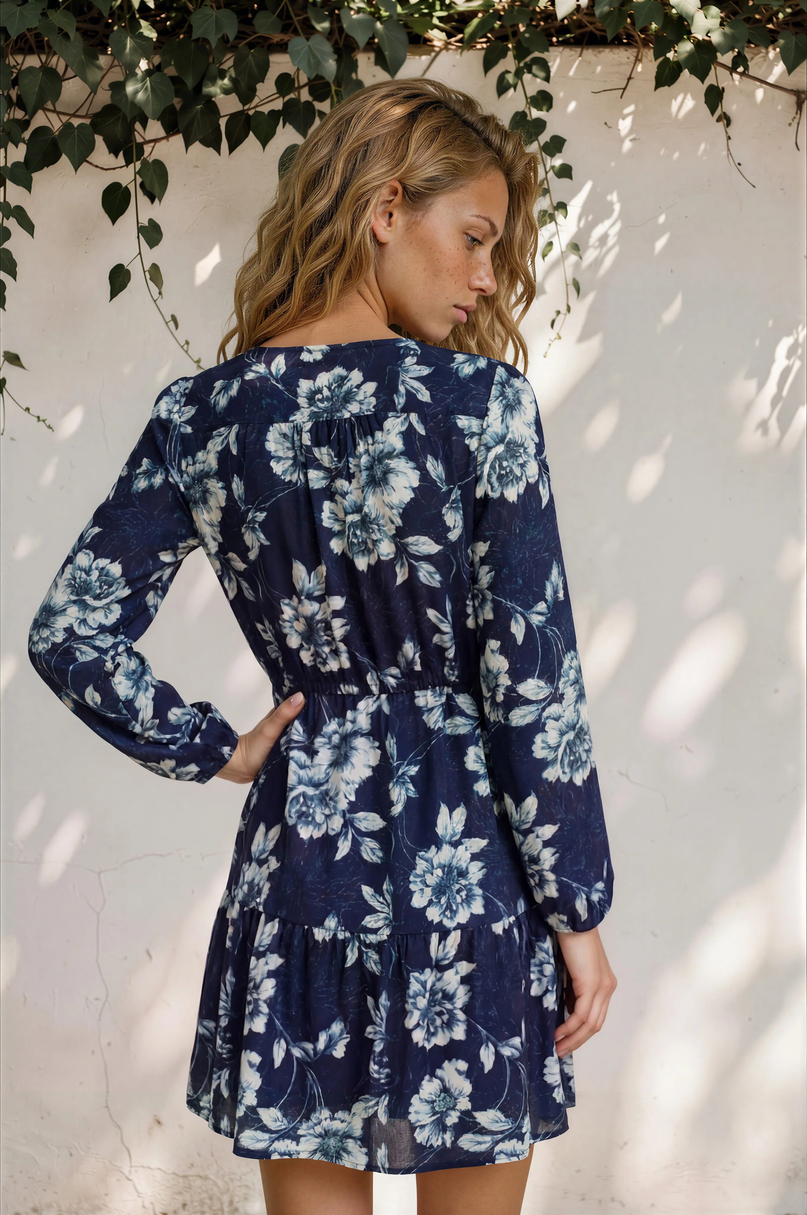 Villia Mini Dress - V Neck Buttoned Bodice Dress with Pull Tie Waist and Pockets in Minka Print Navy - Image 5