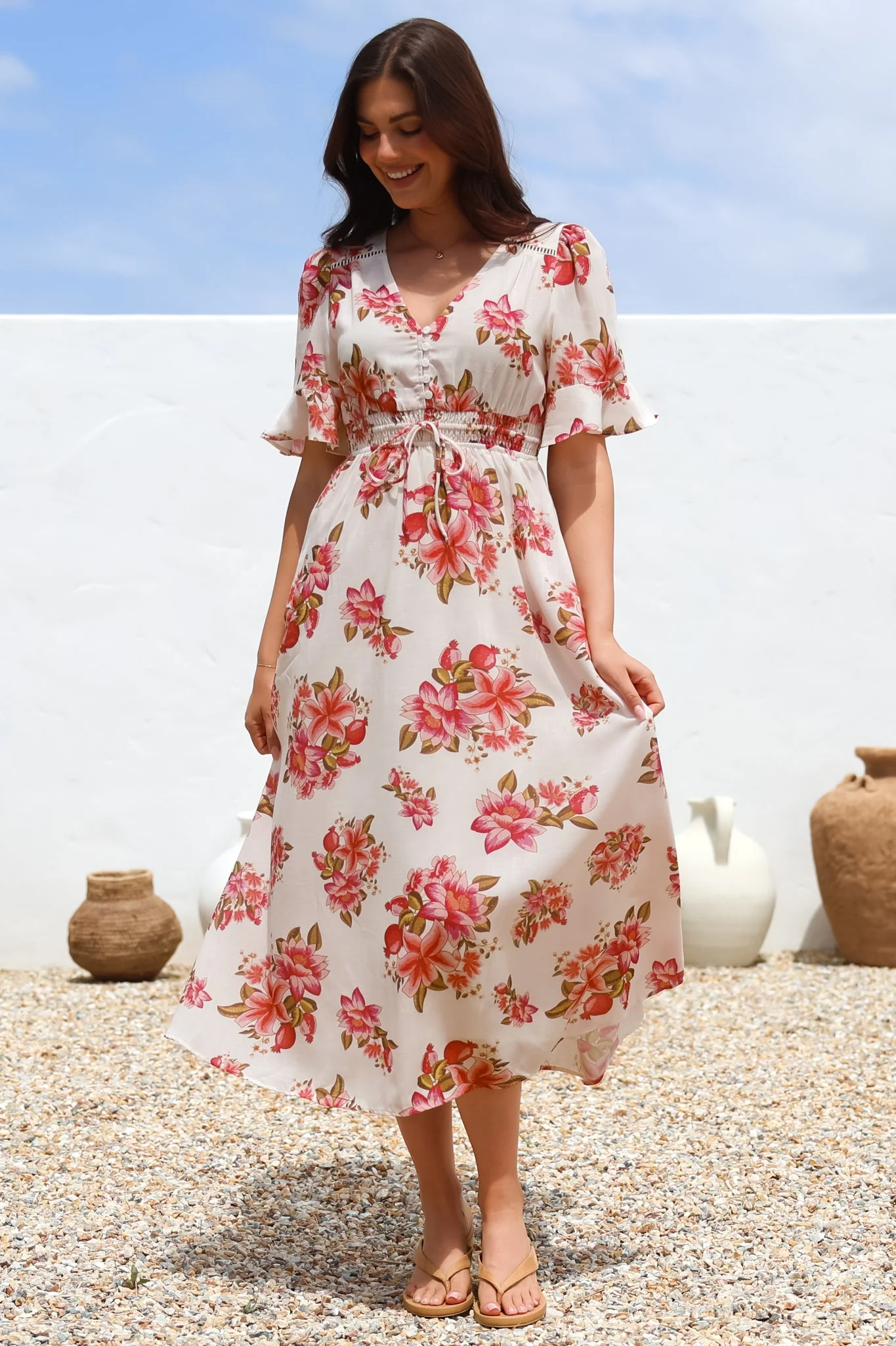 Vinnie Midi Dress - V-Neck Dress with Short Flutter Sleeves in Rosita Print - Image 2