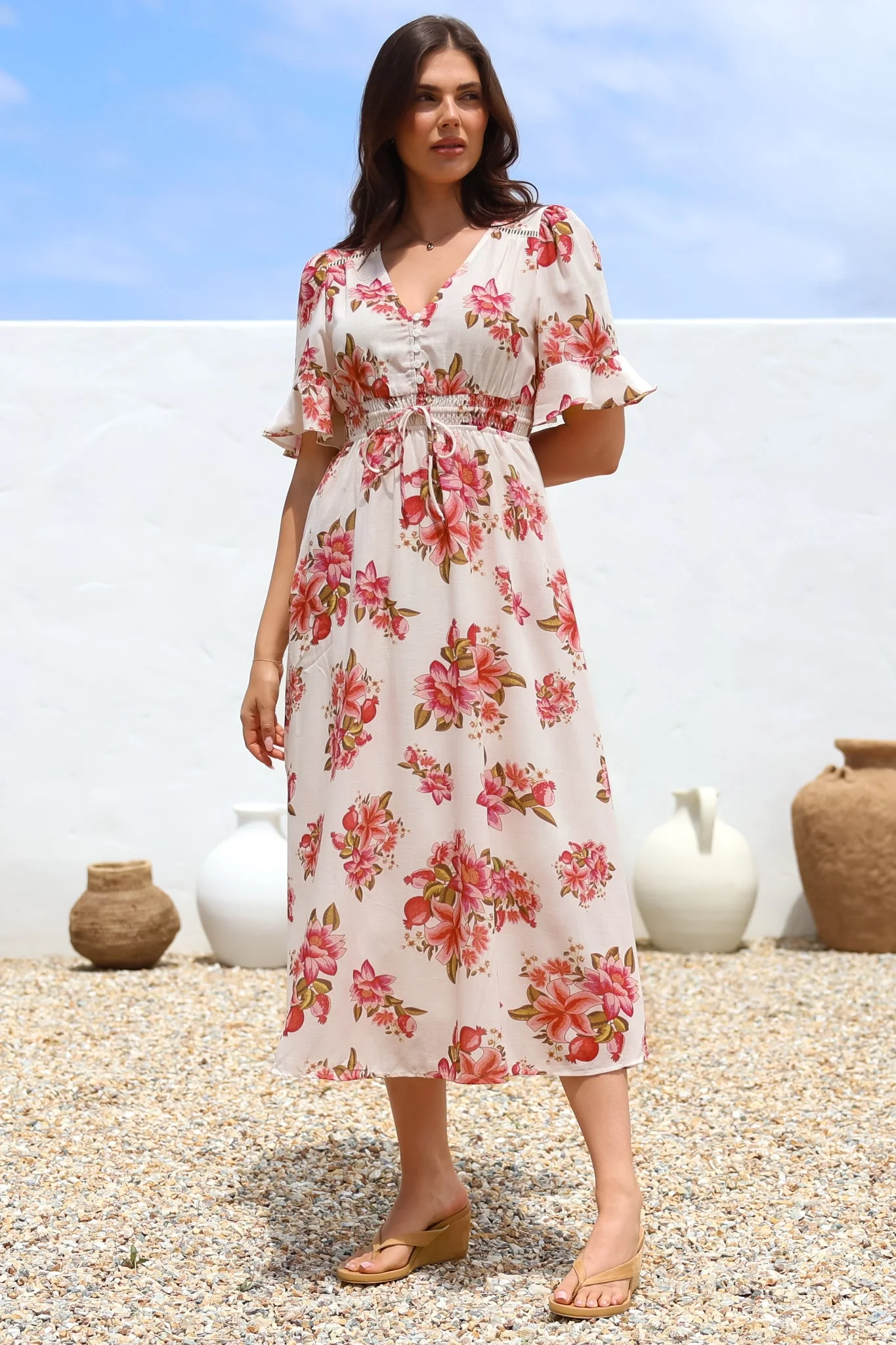Vinnie Midi Dress - V-Neck Dress with Short Flutter Sleeves in Rosita Print - Image 3